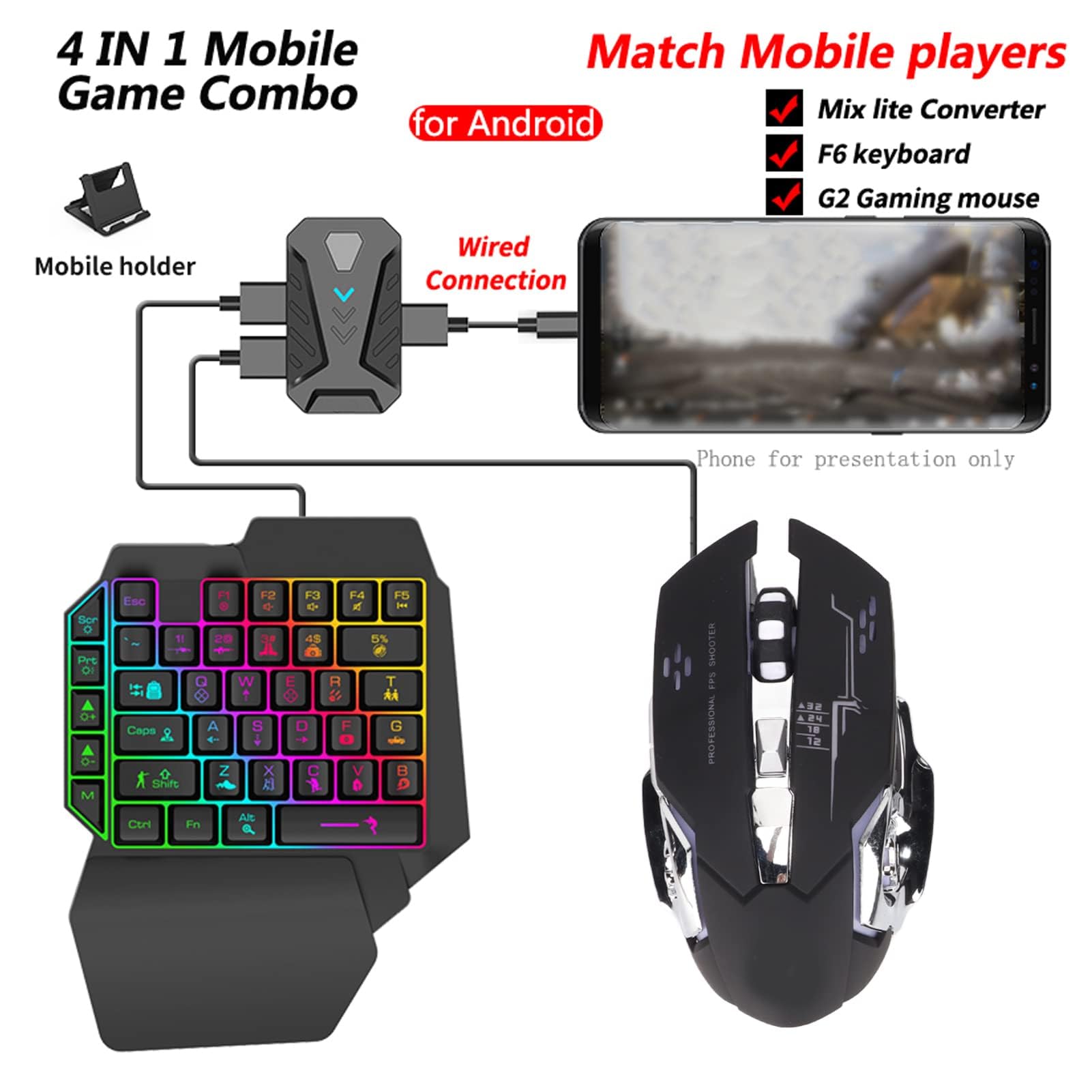 Dpofirs Combo Mouse e Tastiera da Gioco con Una Sola Mano, Convertitore di Tastiera e Mouse Adattatore Mouse per Tastiera da Gioco Mobile per Giocatore(Mescola Lite+F6+G2)