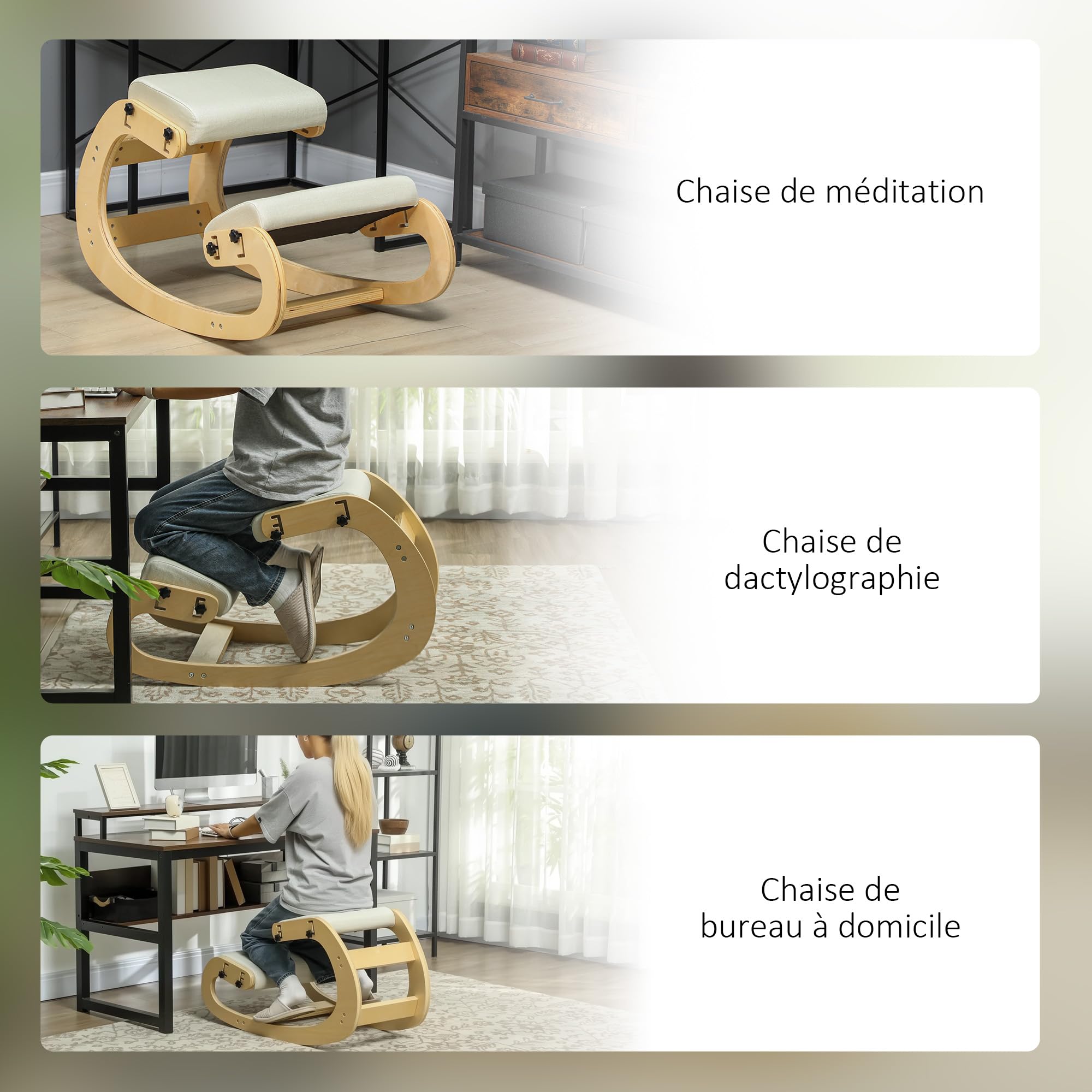 HOMCOM Siège Assis Genoux, siège Ergonomique en Bois à Bascule, Chaise à Genoux réglable pour Bureau à Domicile, améliorer la Posture, maux de Dos, crème