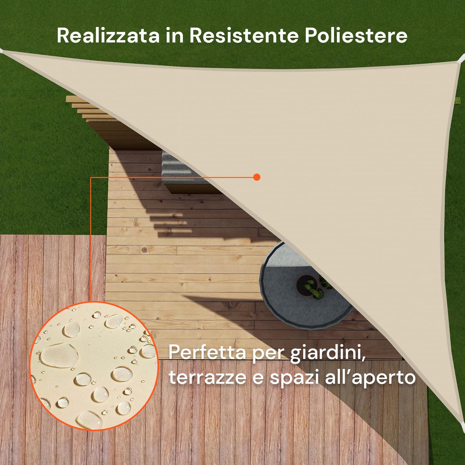 Tenda da Sole per Esterno Triangolare 5x5x5 m con Protezione UV e Pioggia - Telo Idrorepellente in Poliestere 210D - Facile da Montare