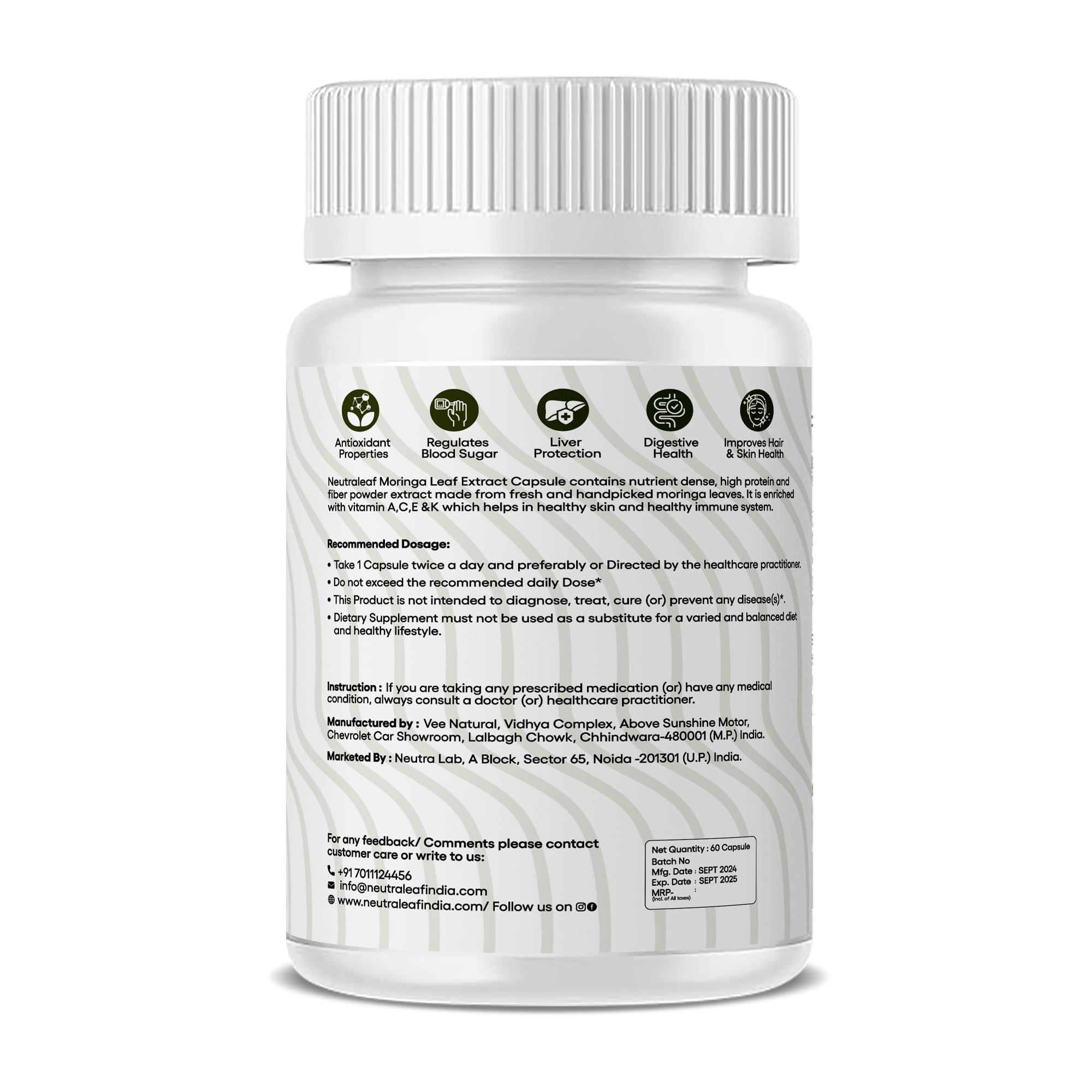 Neutra Leaf Moringa Leaf Extract Capsules 500mg | Rich in Vitamins, Minerals & Amino Acids | Natural Energy Boost, Improves Stamina & Vitality | 60 Veg Capsules 3