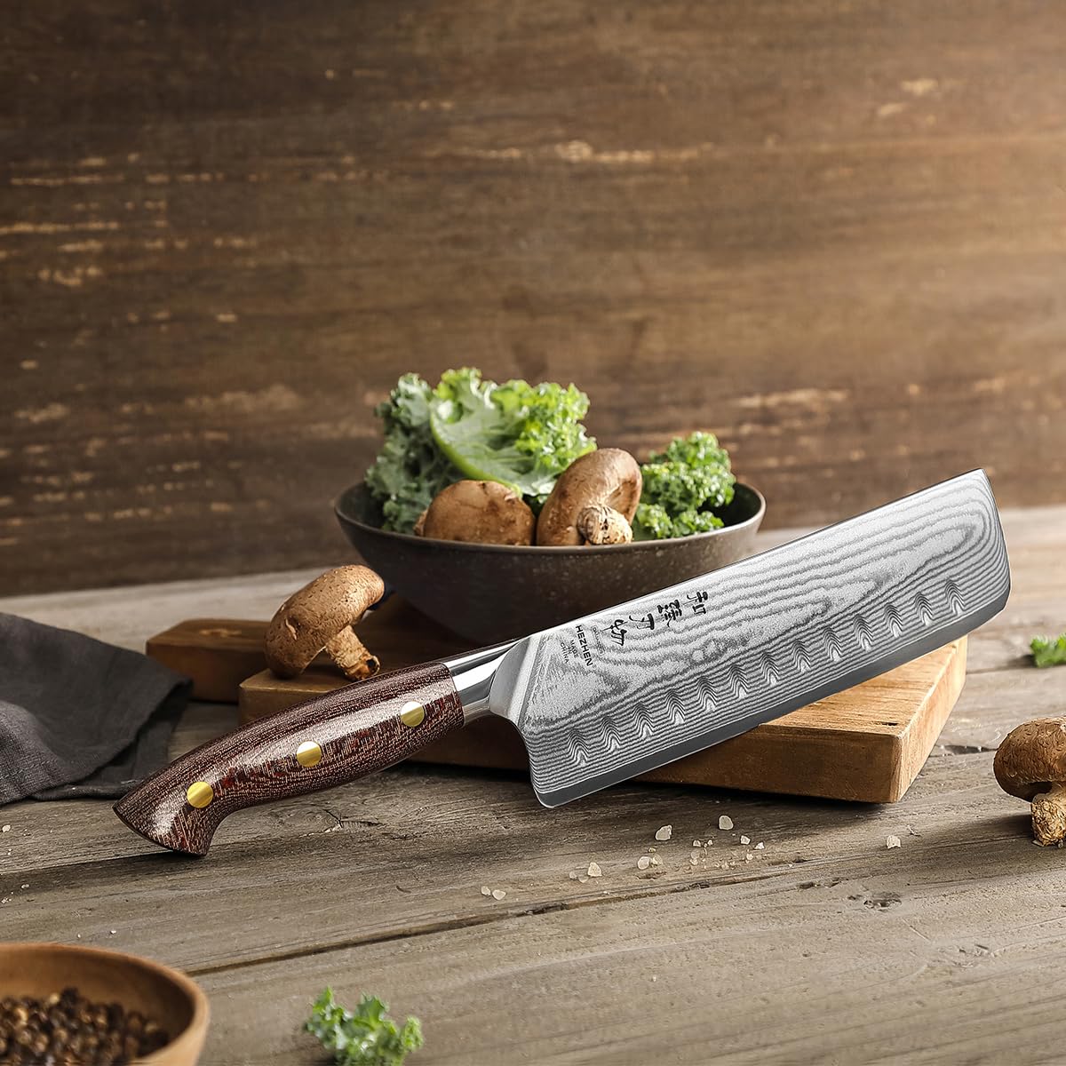 HEZHEN Damasco Cuchillo Nakiri, Estilo Japonés Cuchillos de Cocinero, Multiusos Cuchillo Chef Asiático Para Rebanar Carne Cortar Verduras, Mango de Micarta