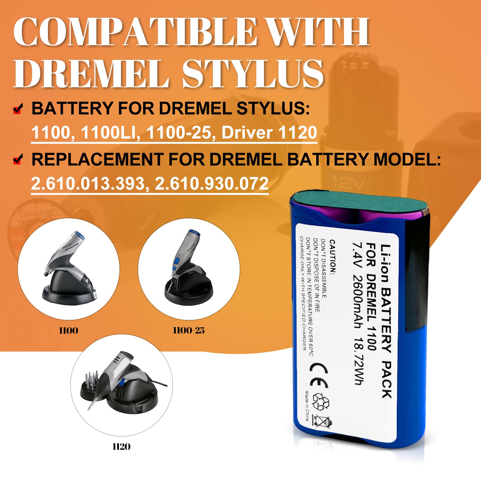 Batería de 7,2 V para Dremel Stylus 1100, 1100LI, 1100-25, Driver 1120, repuesto para batería DREMEL modelo: 2.610.013.393, 2.610.930.072