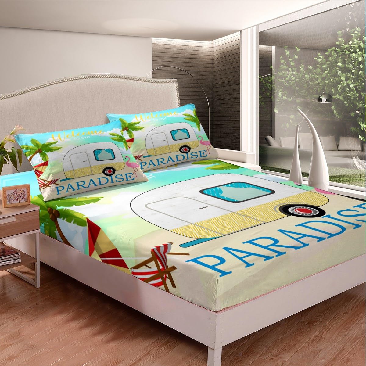 Juego de sábanas bajeras de playa de verano, tamaño King, juego de ropa de cama de 3 piezas para niños y niñas, decoración de habitación de niños y niñas, funda de cama de flamenco tropical con 2