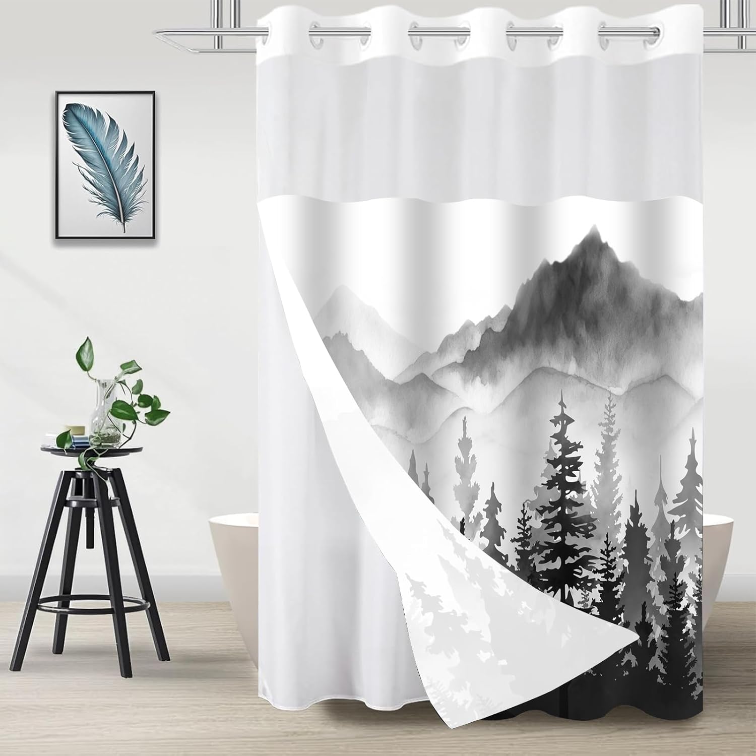 juwute Hookless Shower Curtain with Snap in Liner, Black Nature Forest No Hook Shower Curtains for Bathroom, Shower Curtain and Liner Set, 72" W x 75" L