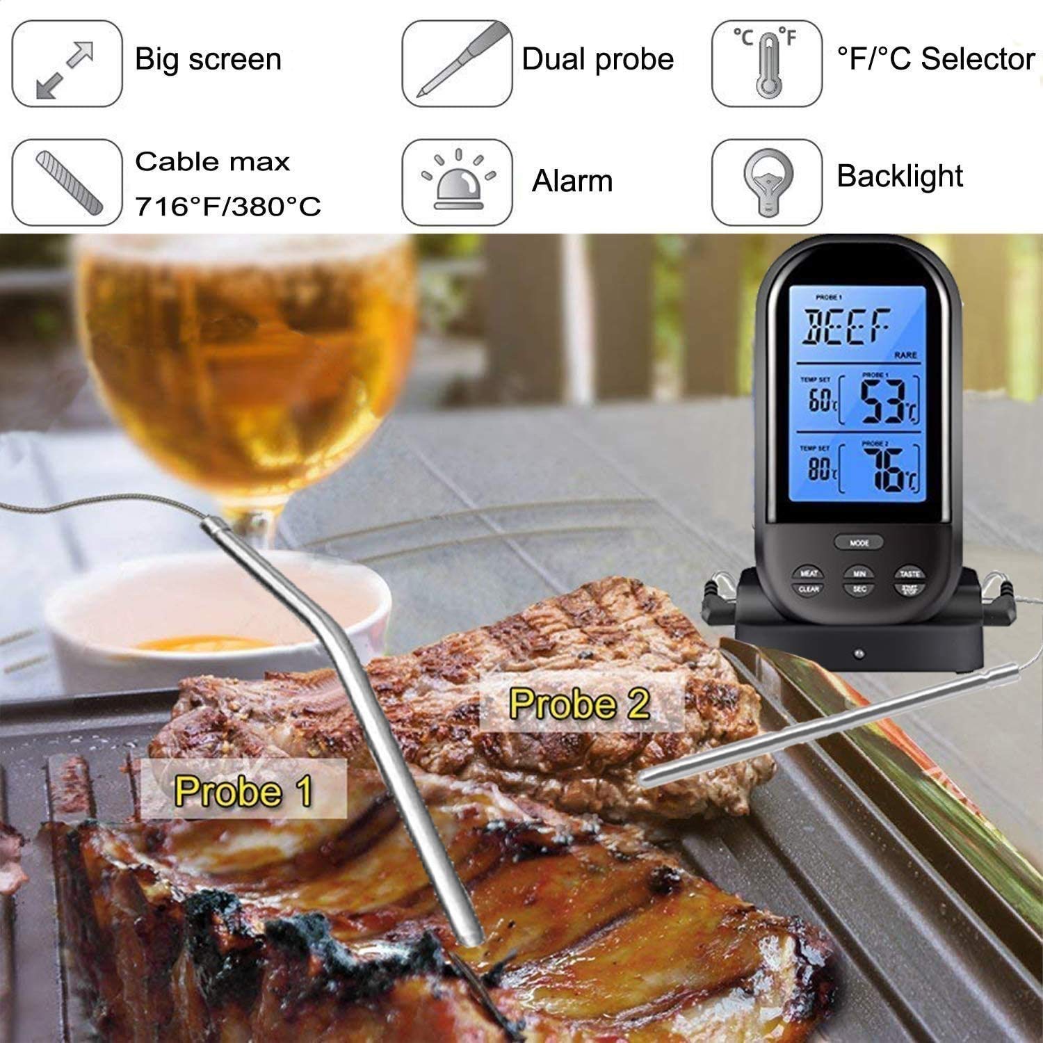 Bezprzewodowy termometr do grillowania, wędzarni, piekarnika, kuchni, indyka, zdalny termometr cyfrowy z sondą, inteligentny podświetlany wyświetlacz LCD