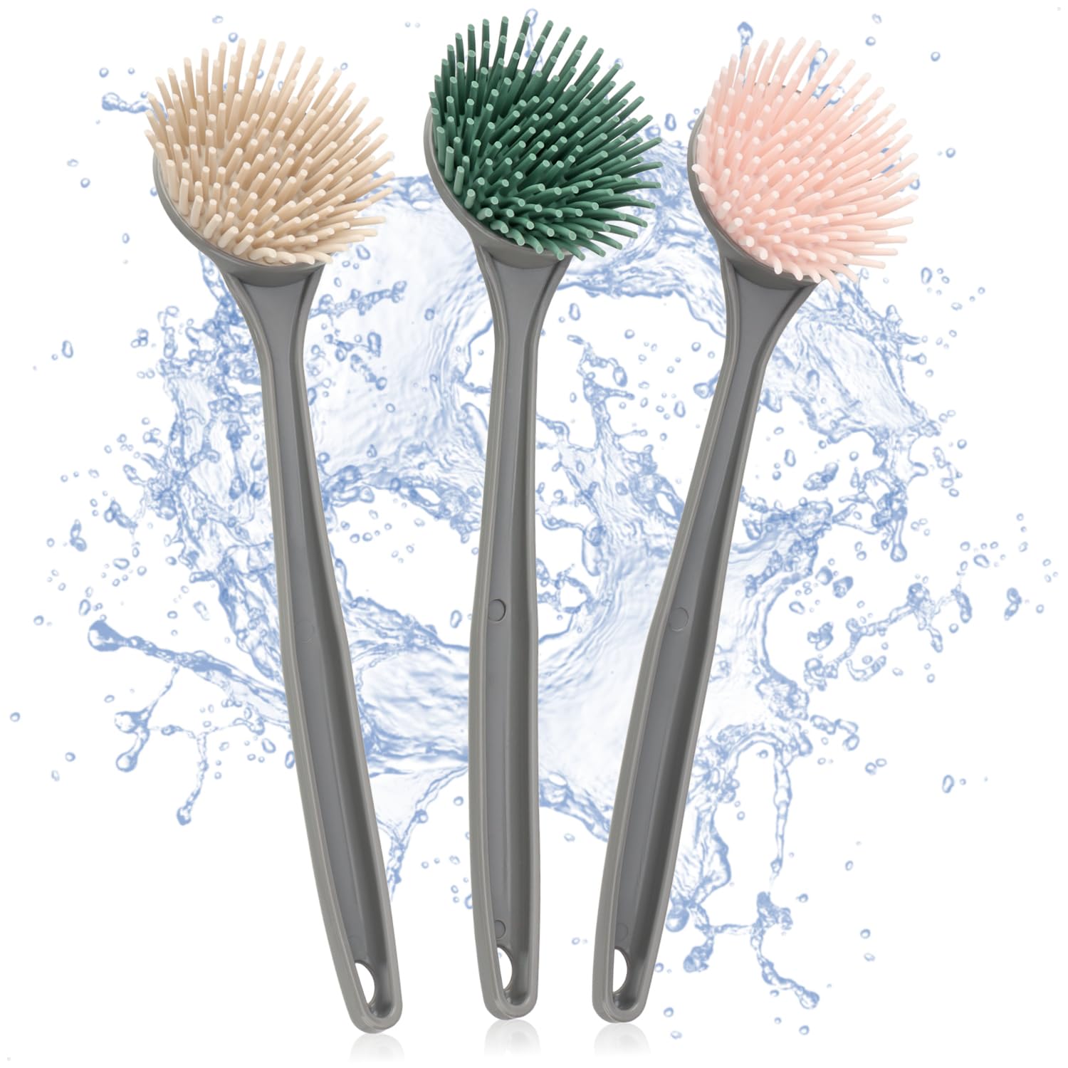 com-four® 3x dishwashing brush - kitchen helper with silicone bristles - washing-up brush for plates, pans, pots - dish brush with long handle - dishwashing aid 28 cm [selection varies]