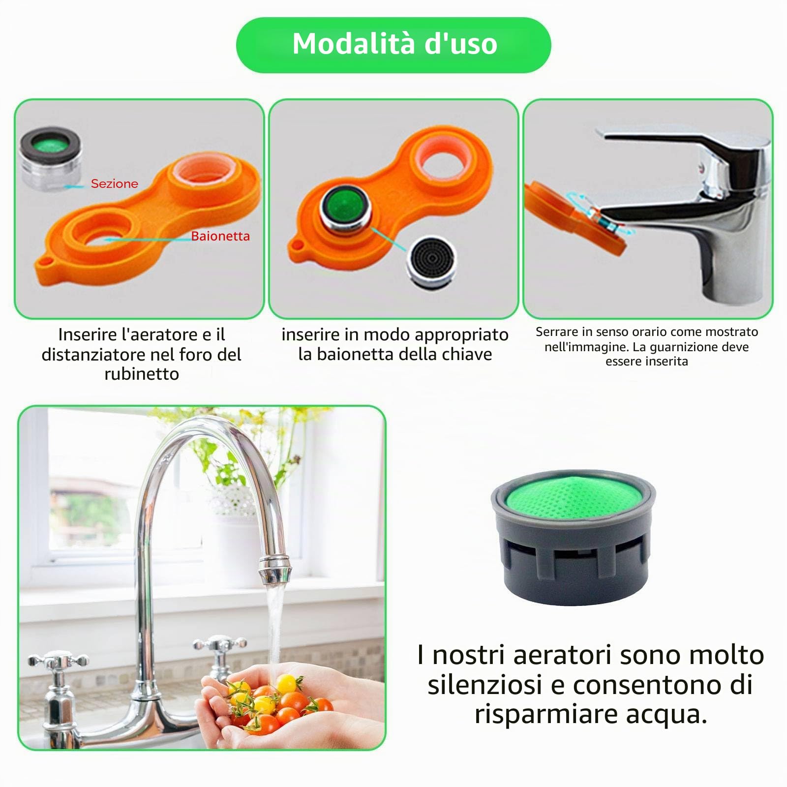 Set di aeratori per rubinetto, confezione da 10, regolatore di flusso, filtro per rubinetto con guarnizione e filtro in ABS, ugello di miscelazione, aeratore, inserto per il risparmio idrico, pezzi di
