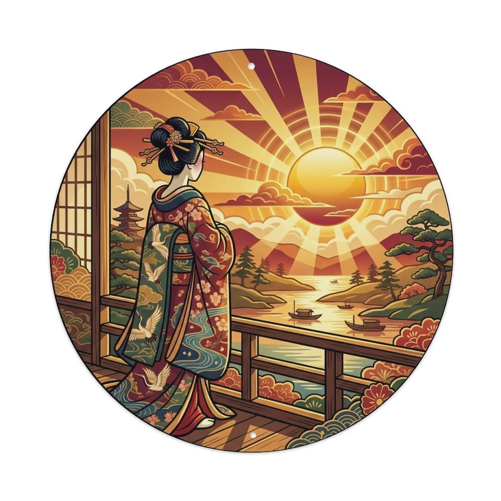 Yrnq 8X8inch Vintage Style Japanese Geisha Dusk Golden Light Observing Sunset Metal Tin Sign