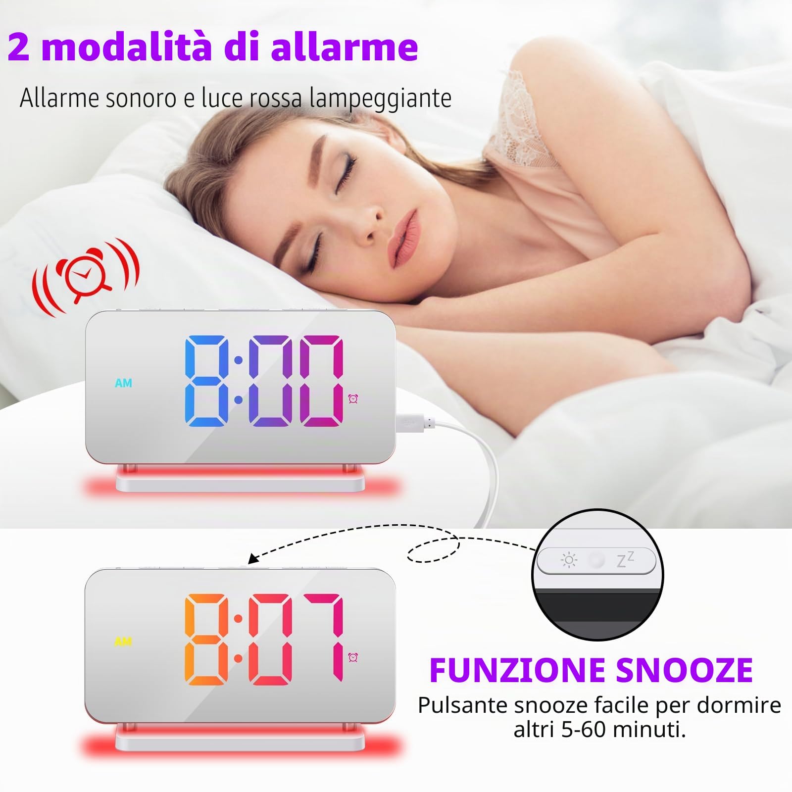 Orologio digitale con luce notturna, sveglia colorata, 10 RGB, luce atmosferica, 5 livelli di volume, dimmer auto, doppia uscita, orologio da comodino per dormire, bianco