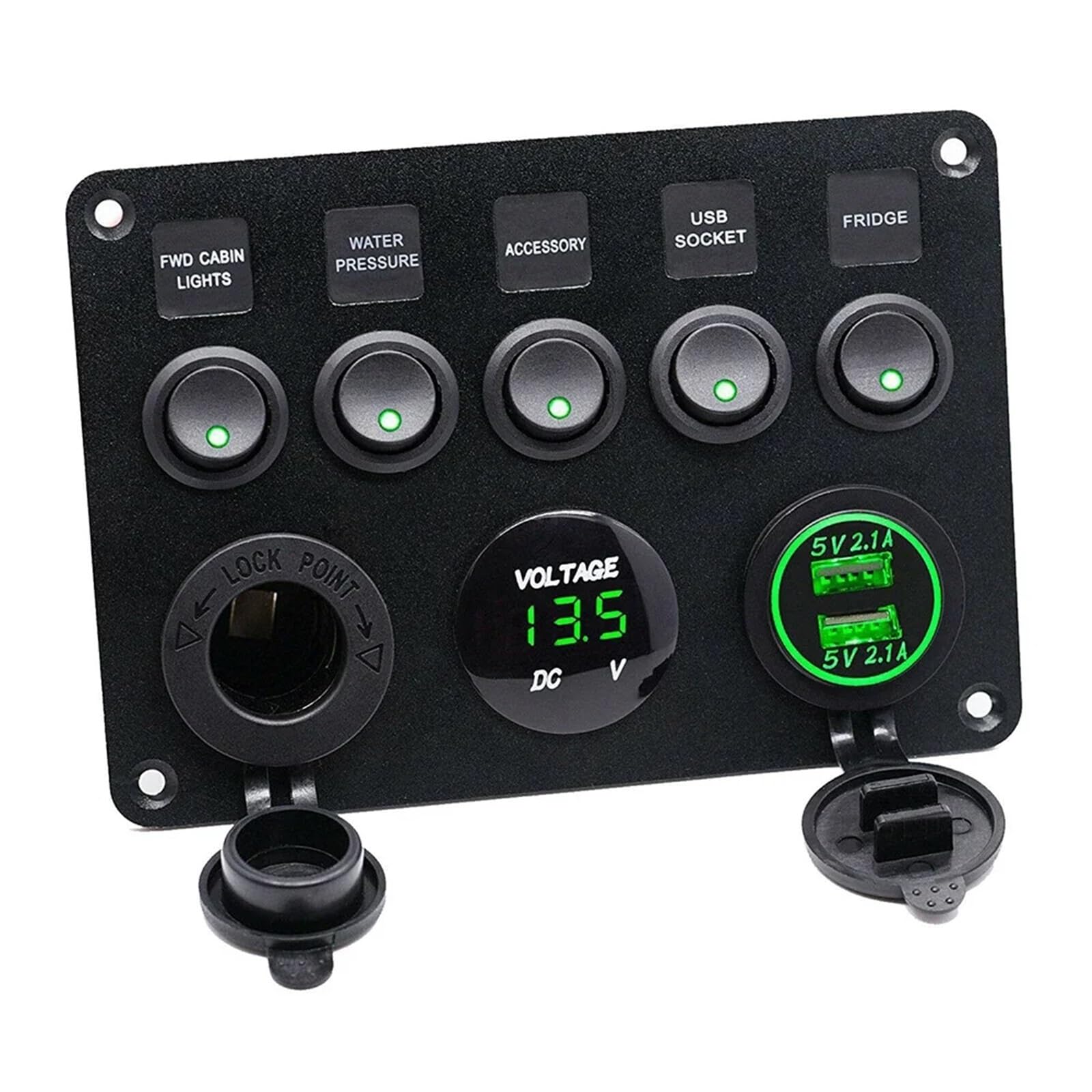 12V/24V 5-gniazdowa skrzynka bezpieczników liniowych Panel przełączników LED Podwójny USB Samochód Łódź Ciężarówka Kamper Cyfrowy wyświetlacz napięcia Niebieskie/Zielone/Czerwone światło LED(Green)