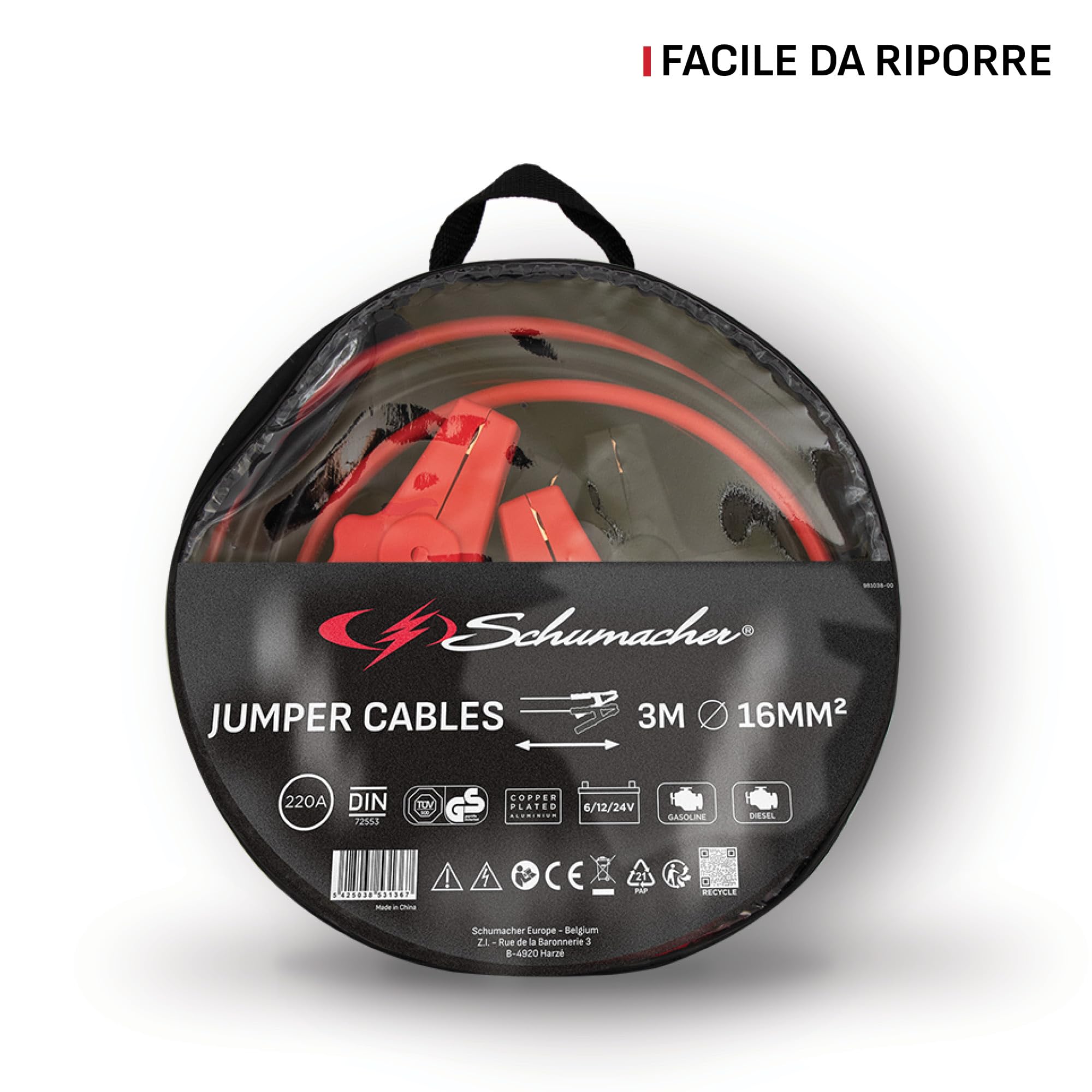 Schumacher Electric Cables de arranque 3m 16mm² Batería 6V/12V/24V Morsetti isolati GS/TÜV