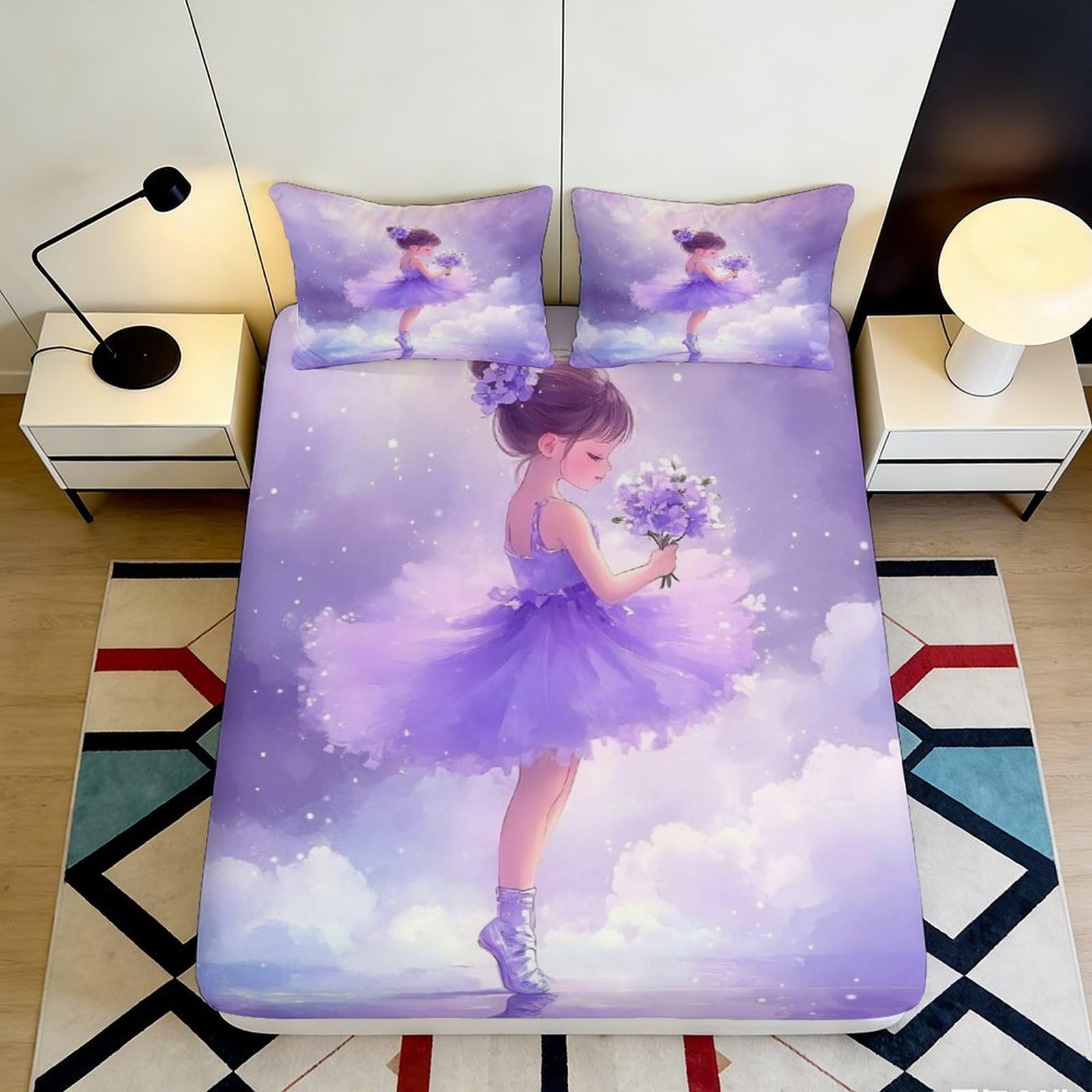 3D Printed Purple Ballet Girl Fitted Sheet Microfiber Deep Pocket for Adult Bedroom Bedding Ballet Mattress Fitted Cover 200x200x25cm 90x200x25cm
