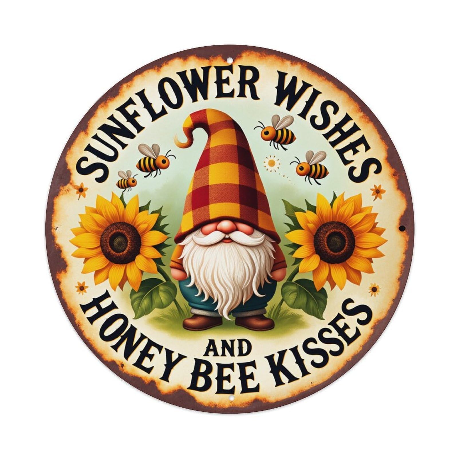 Sunflower Gnome Bees Honey Kisses Round Metal Tin Sign Vintage Wall Decor, Bar Garage Cafe Kitchen Home Wall Art Poster 8x8inches