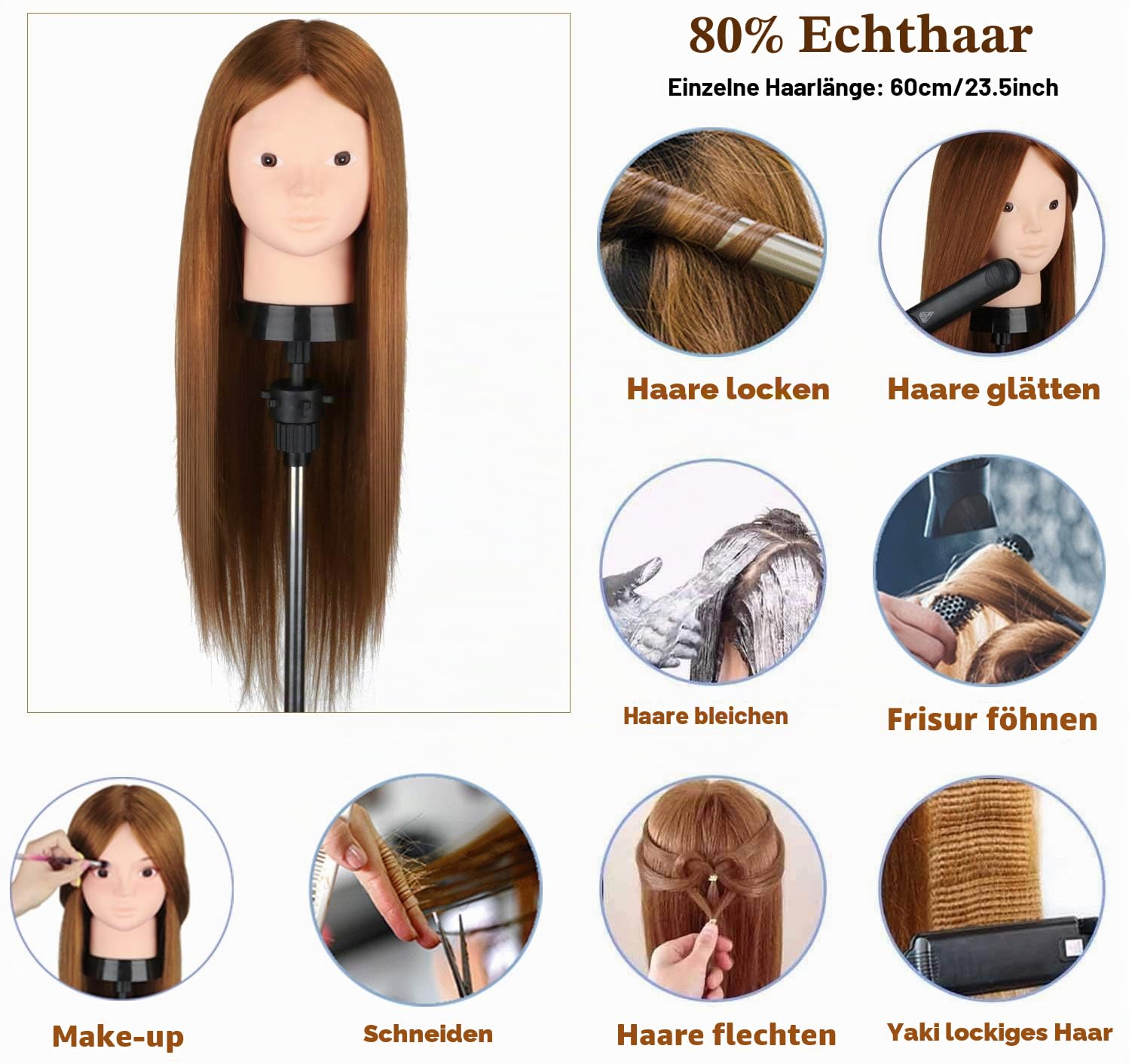 Frisurenkopf,Frisierkopf Echthaar 80%,60cm/23.5 Zoll Echthaar Haar Frisierkopf Schminkpuppe Kopf, Bilden Make-up Friseur Übungskopf Praxis Schaufensterpuppe Kopf mit DIY Haare Frisuren Set