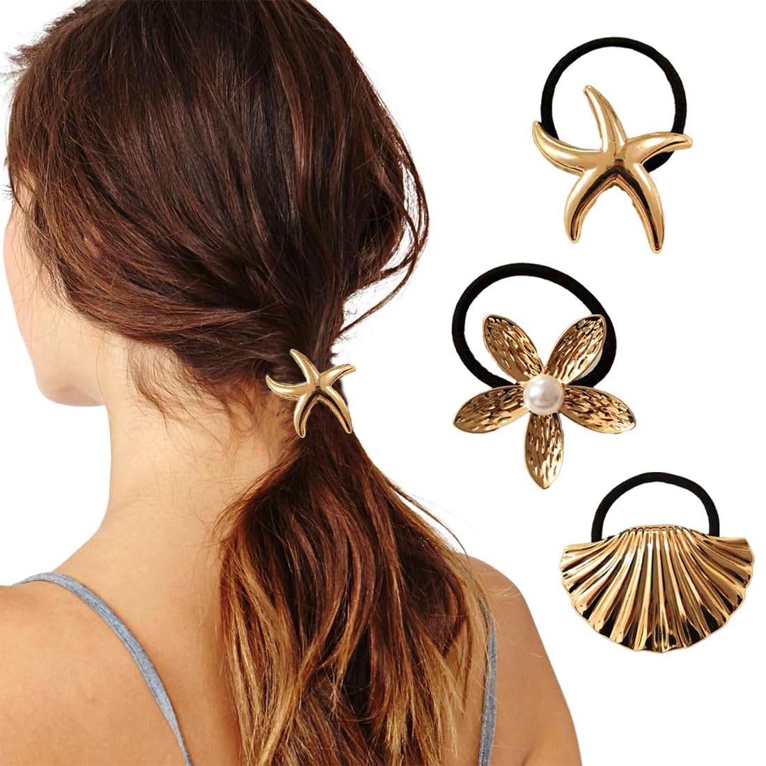 3 Stück Haarschmuck Gold, Haarmanschetten aus Metall, Elastisch, Haarklammer Gold für Pferdeschwanz, Haar Accessoire für Frauen und Mädchen(D)
