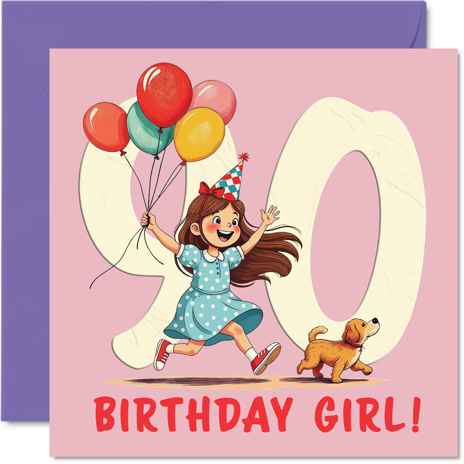 90th Birthday Cards for Women - Balloon Girl - Happy Birthday Card for 90 Year Old Woman Wife Gran Nan Granny, 145mm Bday Greeting Cards