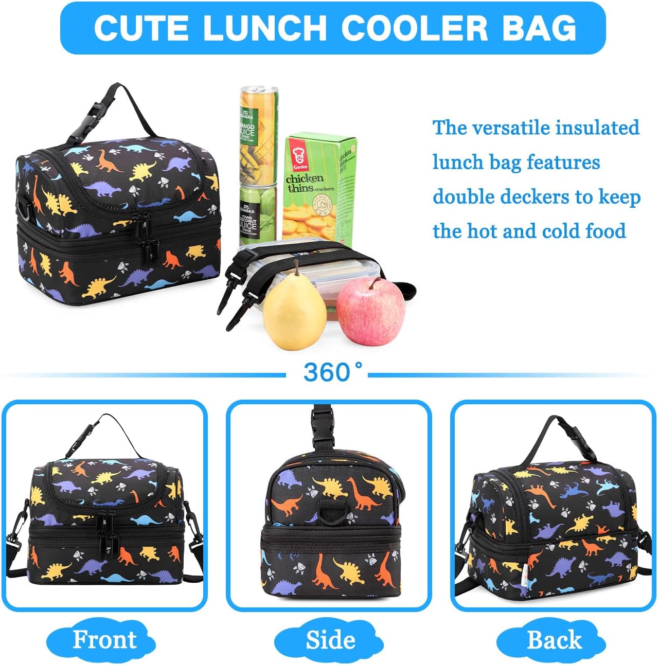 VASCHY Lunch Box Bag Kids, Insulated Two Compartments Cooler Bags for Boys Girls w Shoulder Strap for School,Daycare,Kindergarten,Picnic Dinosaurs Black