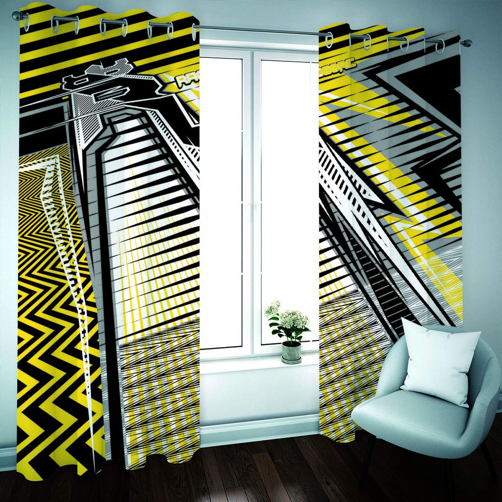 Cortinas Opacas Termicas Aislantes Frio Y Calor 280X260Cm（An X Al）Con Ojales 3D Edificio Geométrico Negro Y Amarillo Patrón Decoración Ventanas Para Habitacion Dormotorio Salon Modernas 2 Piezas