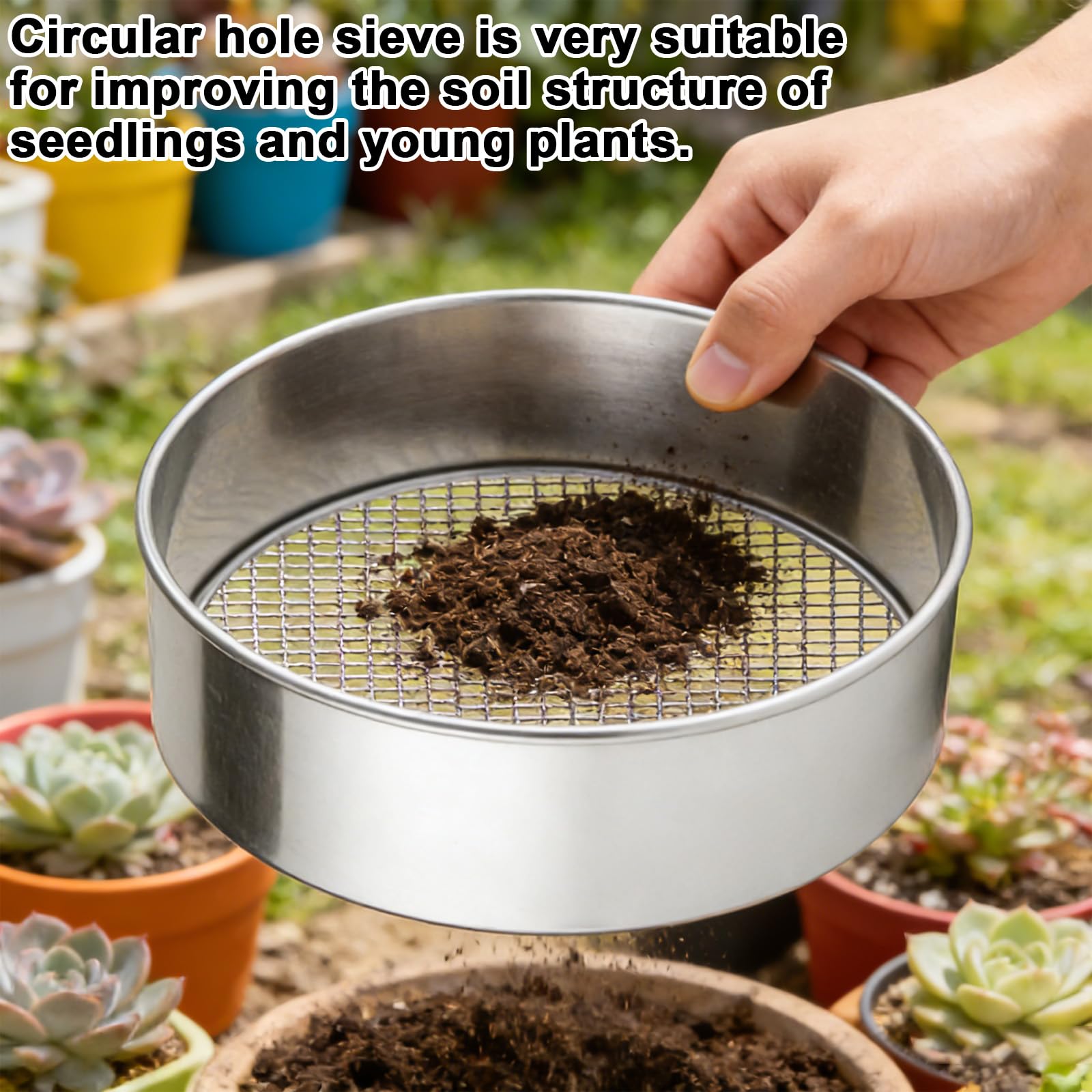 Colino da giardino rotondo 5 in 1 in acciaio inox, colino per compost multiuso, rotondo, per giardinaggio, 5 inserti intercambiabili (1/3/6/9/12 mm), con paletta in acciaio inox e tappetino giallo
