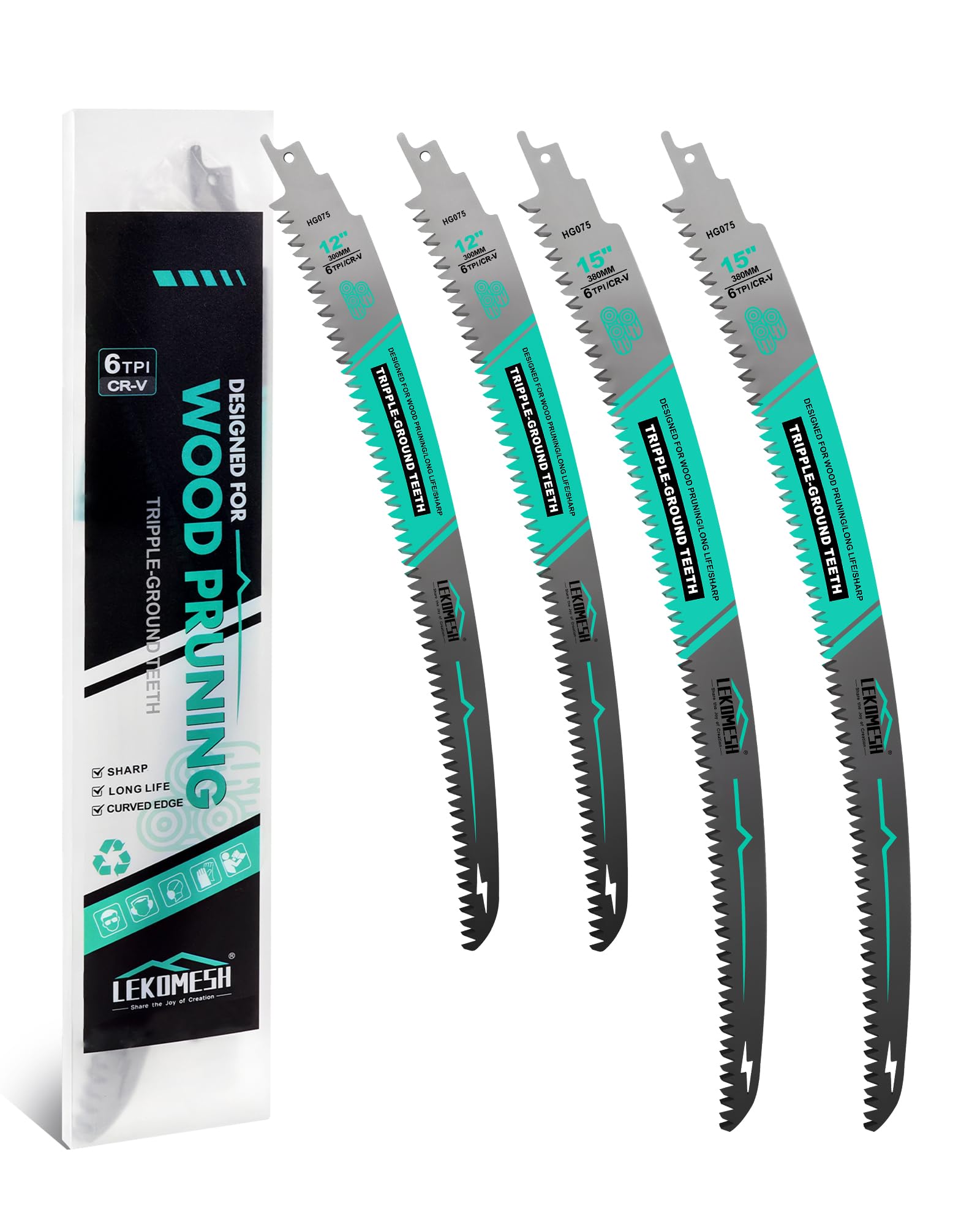 LEKOMESH 300MM*2/380MM*2 Japanese Teeth Reciprocating Saw Blades Wood Pruning - 4pcs Curved Edge 6TPI for Tree Trimming, Wood/PVC Pipe Cutting, Cr-V Sabre Blades Better Wear Resistance — image 1