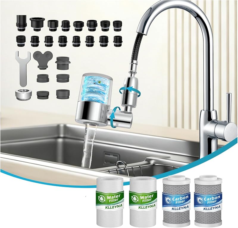 KLLEYNA Pull-Down Faucet-Mount Water Filters - (22 Adapters) Swivel 720° Sink Tap Filtration, ACF Reduce 99% Chlorine for Great Taste, 528 Gallon Purifier Kitchen/Bathroom, 2-Mode Spray(Silver)