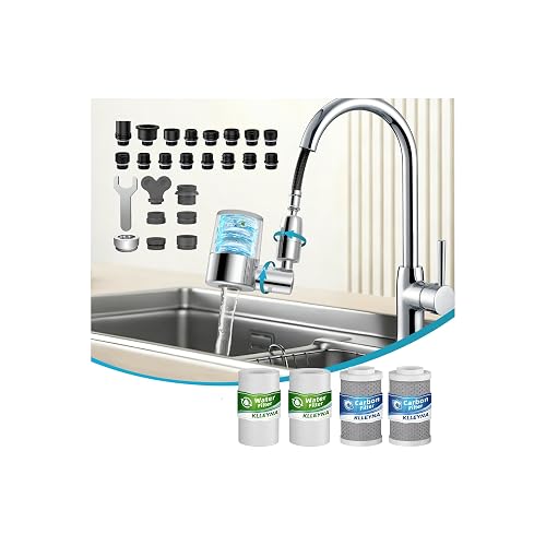 KLLEYNA Pull-Down Faucet-Mount Water Filters - (22 Adapters) Swivel 720° Sink Tap Filtration, ACF Reduce 99% Chlorine for Great Taste, 528 Gallon Purifier Kitchen/Bathroom, 2-Mode Spray(Silver)