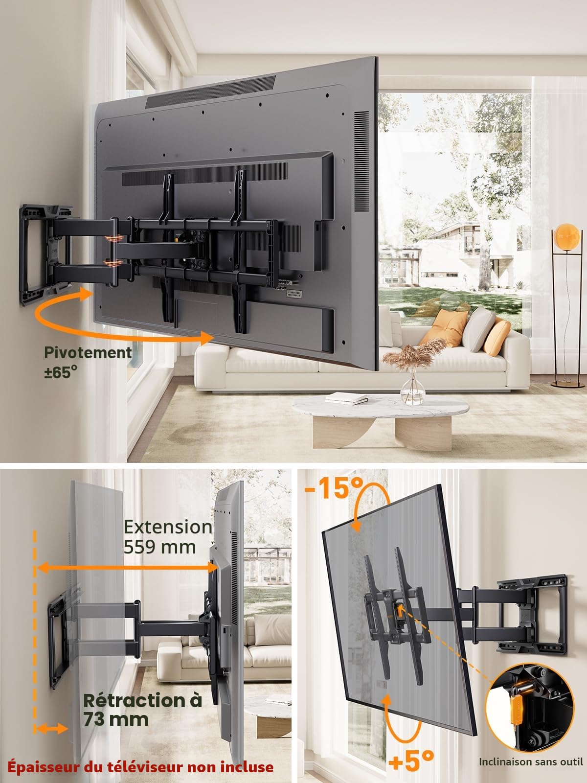 Perlegear Support Mural TV de 42 à 90 Pouce pesant jusqu'à 68KG, Support TV pré-assemblé avec Inclinaison sans Outil, Pivot, Extension, VESA Max de 600 x 400 mm