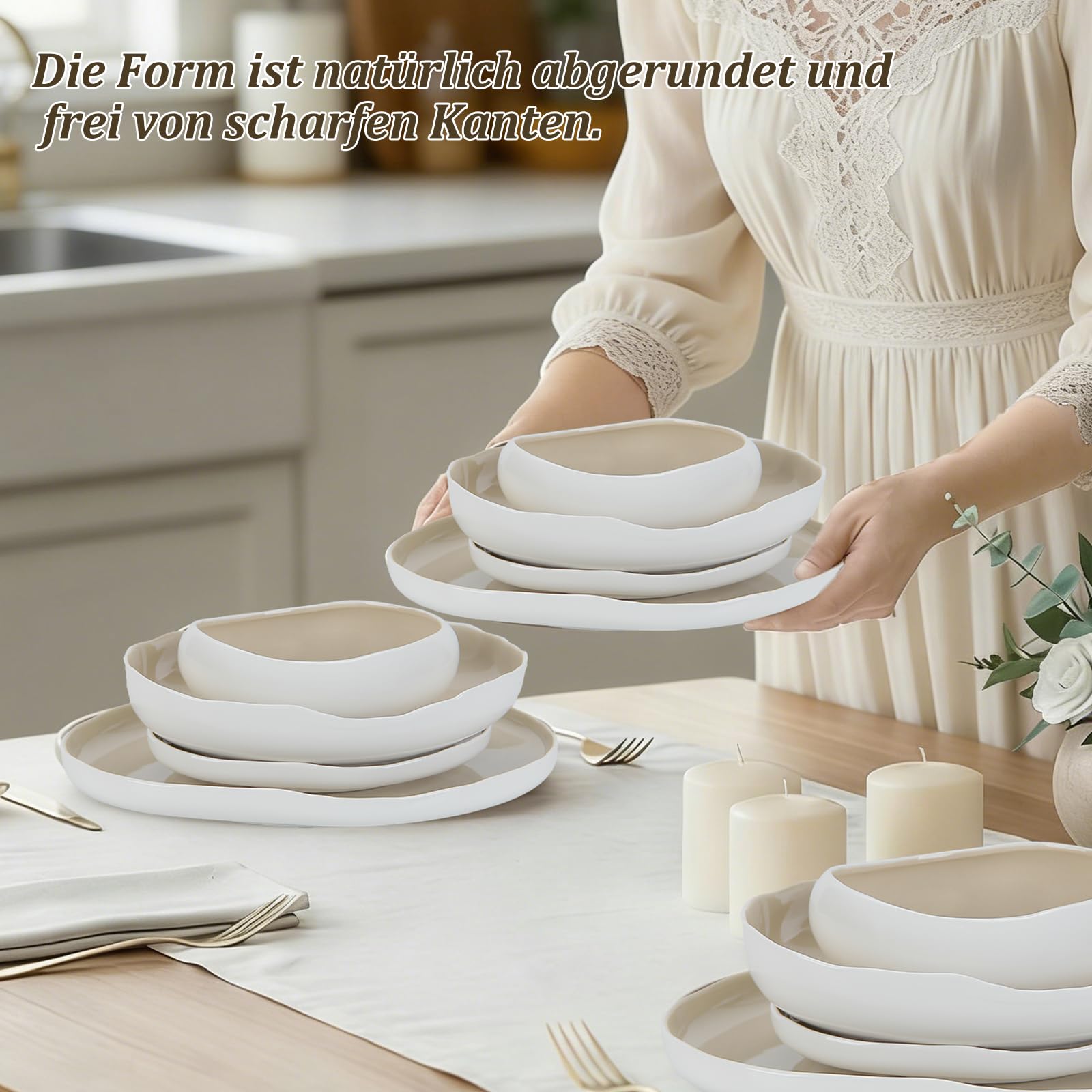 Geschirrset, Tellerset 6 Personen, 24-Teilig Tafelservice, Porzellan Geschirr Set Je Speiseteller, Dessertteller, Müslischalen, Salatschüssel, Geschirr Hellbeige | Dinner set, Tafelservice, Je 6 Speiseteller, Dessertteller, Müslischalen, Salatschüssel, Te