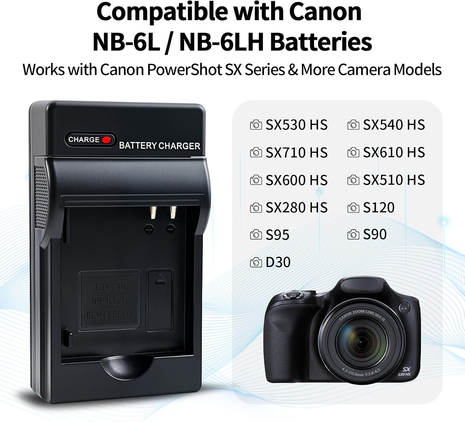 NB-6L NB-6LH Battery Charger, USB Camera Battery Charger with LED Indicator, Compatible with Canon PowerShot SX530 HS, SX540 HS, SX710 HS, SX610 HS, SX600 HS, SX510 HS, SX280 HS, SX270 HS, S120, S95