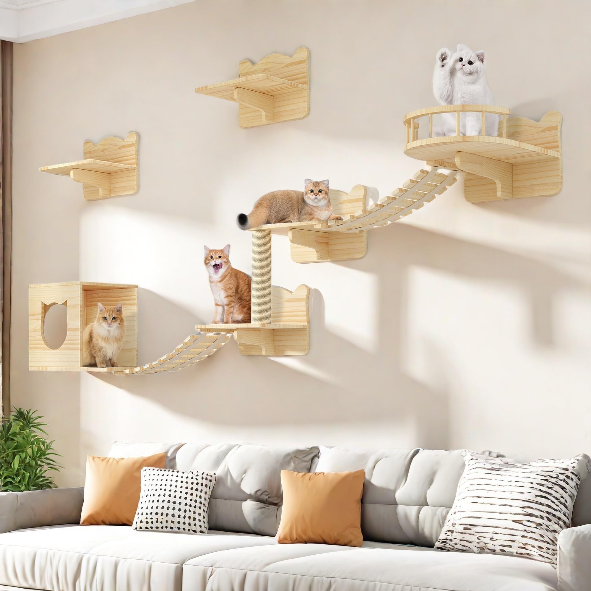 Homiflex Cat Wall Shelves, Cat Shelves and Perches for Wall, Set of 9 Wooden Cats Shelf Furniture with Scratching Post, House, Condo, Bridge Ladder for Multiple Cats