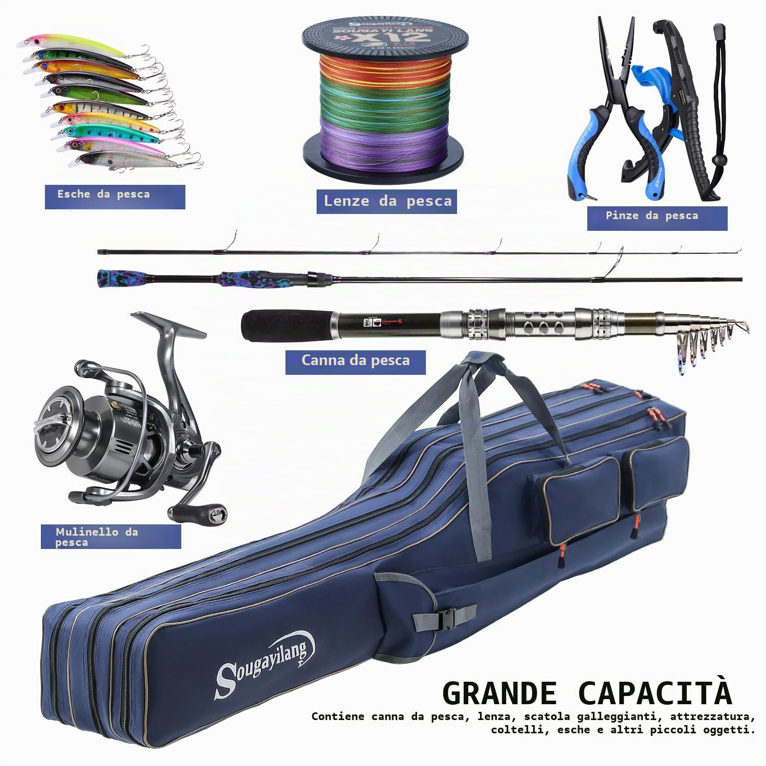 Sougayilang Borsa Porta Canne da Pesca Pieghevole - 3 Strati di Grande Capacità per Attrezzatura da Pesca - 135/165cm, 165 cm, Pratico