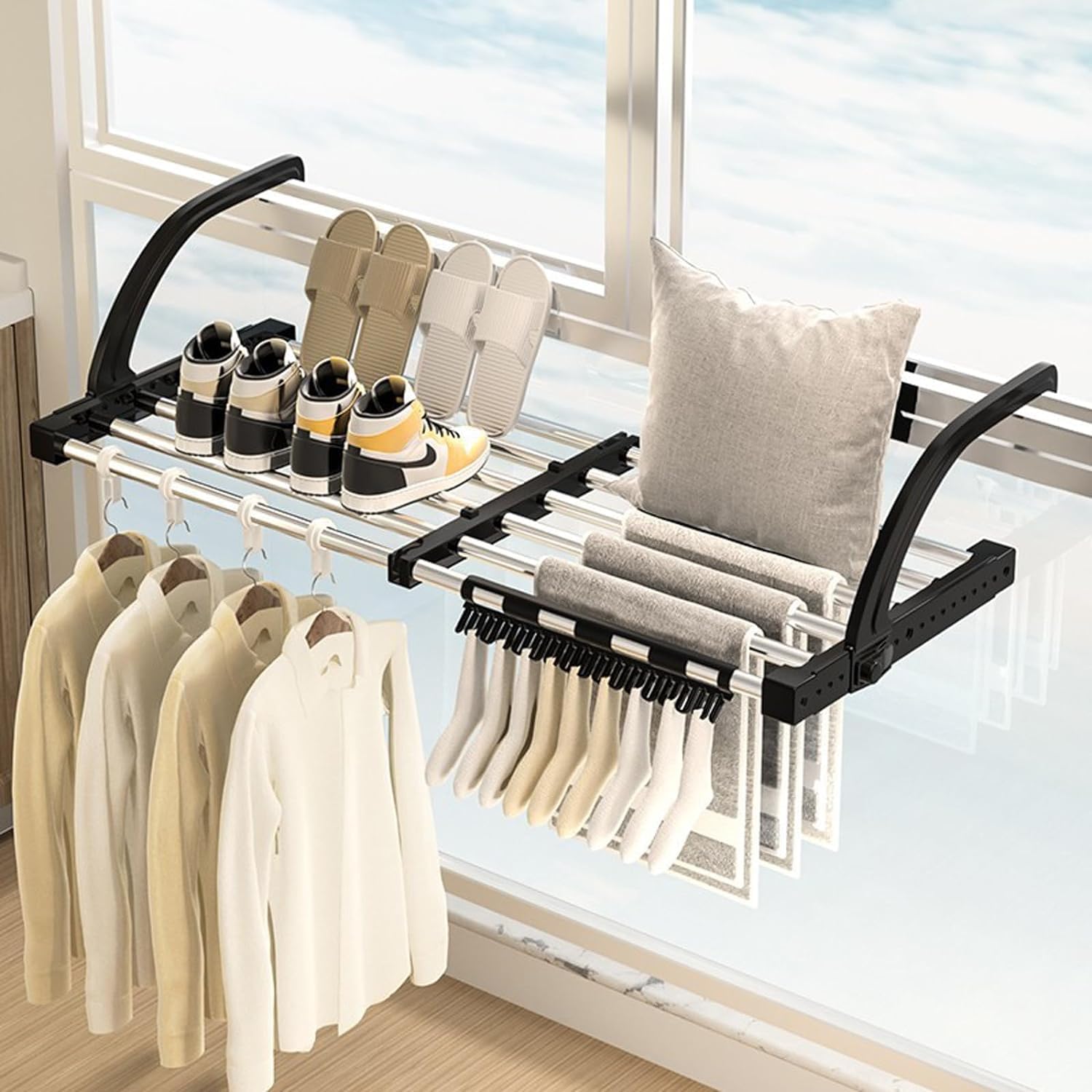 Portable Clothes Drying Rack, Extendable Hanging Stand with 6 dividers, Sock Clips & T-shirts hanging Clips, Towel Laundry Rack for Balcony Railings Windowsill, Indoor Outdoor Folding Shelf (62-110CM)
