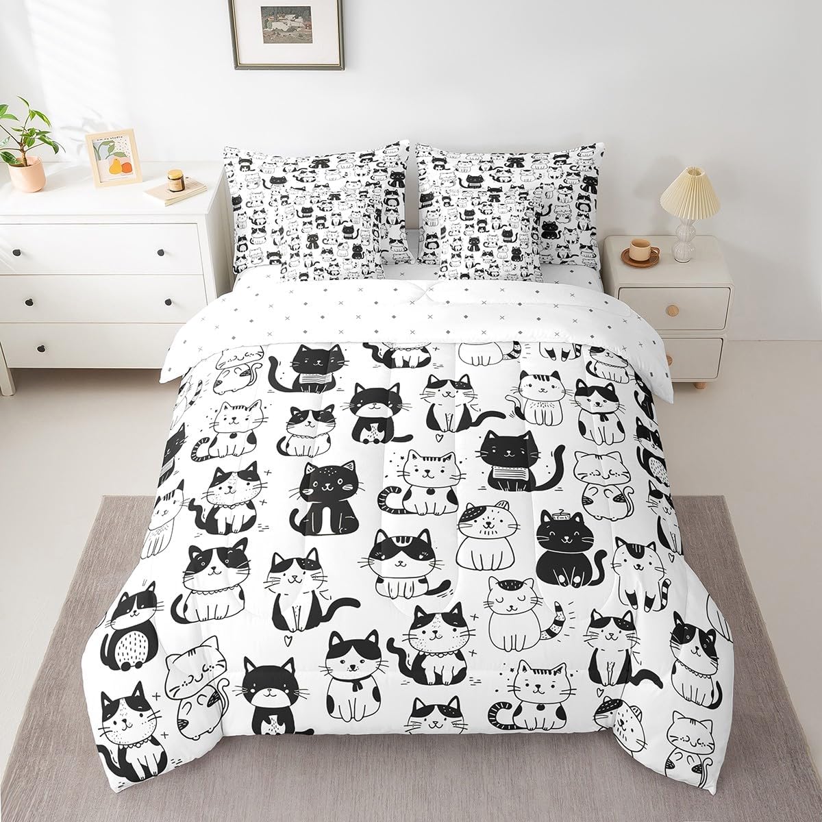 Feelyou Kids Cat Queen Comforter Set with Sheets 7 Pieces White Black Cats Print Bedding Set for Boys Girls Teens Decor Animal Bed in a Bag Cute Kitten Bed Set Bedroom Cartoon