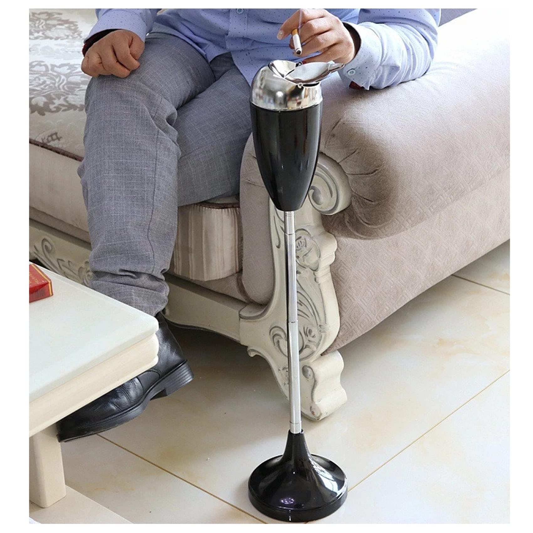 JYHHGDS Floor Adjustable Standing Ashtray, Outside Patio Cigarettes Ashtrays, Outdoor Windproof Stand Ash Tray with Lid,Black