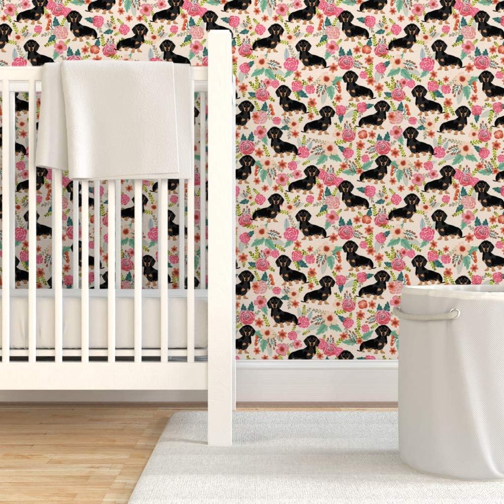Peel & Stick Wallpaper Swatch - Flowers Florals Dachshund Dachshunds Dog Cute Pet Baby Girls Sweet Weiner Wiener Puppy Lover Animal Custom Removable Wallpaper by Spoonflower