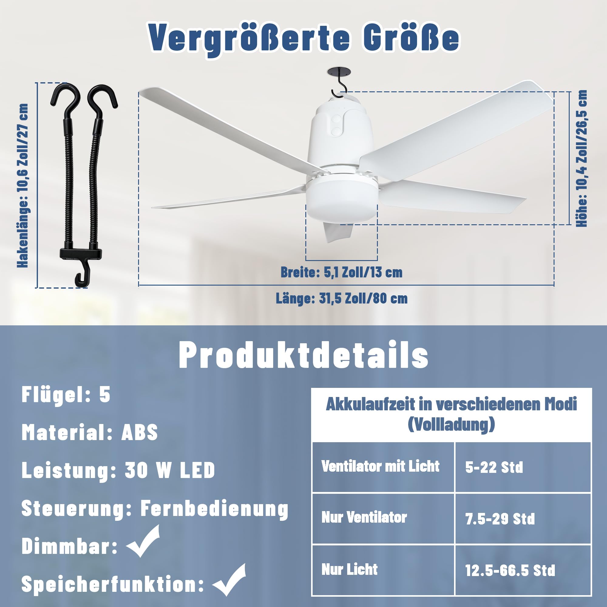 80CM Solar Deckenventilator mit Beleuchtung für Outdoor, 60W Solarpanel und 40000mAh Akku Groß Mobiler Ventilator mit Licht, Fernbedienung & Haken für Camping, Pavillon, Terrasse, Zelt, Hühnerstall