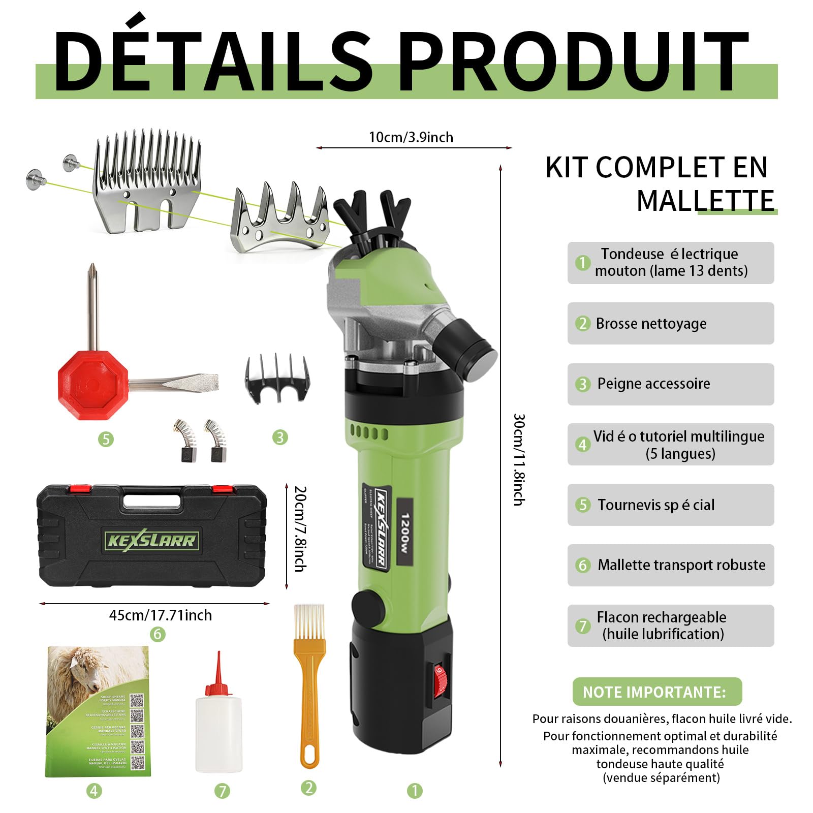 1200W Tondeuse a Mouton Professionnelle, 6 Vitesses Réglables 3200 tr/min, Lame 13 Dents pour Moutons Chèvres Alpagas, avec Manuel Français et Vidéo (Vert)