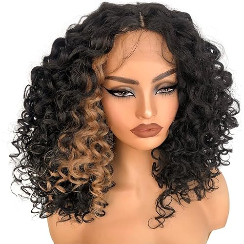 16inch Blonde Skunk Stripe Curly Lace Front Wig Synthetic Human Hair Blend Glueless Pre Plucked HD Lace Short Curly Lace Front Wigs for Black Women