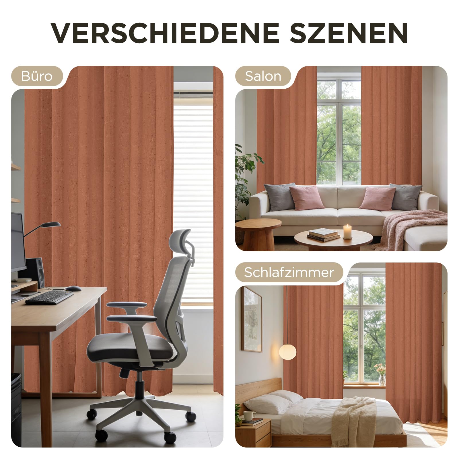 Joydeco Leinen Gardinen mit Kräuselband Terrakotta Vorhänge Wohnzimmer Modern Boho Leinenoptik Gardine Halbtransparent Vorhang für Schienensystem Curtains Bedroom 2er Set H 137 x B 117 cm