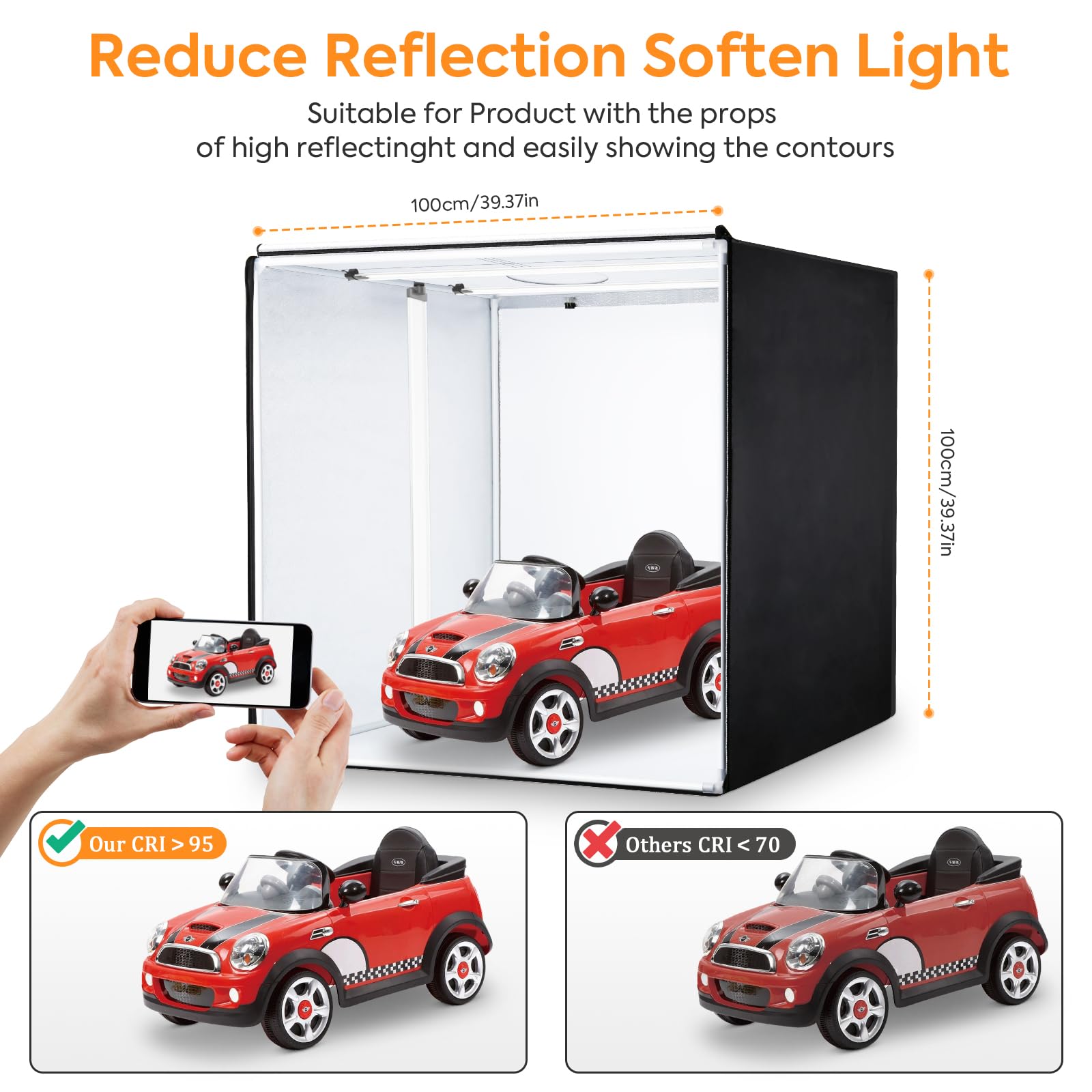 Boîte de studio photo, 99 x 99 x 99 cm, portable, pliable, tente de prise de vue avec lumières LED CRI95+ à intensité variable et 4 toiles de fond pour photographie de produits