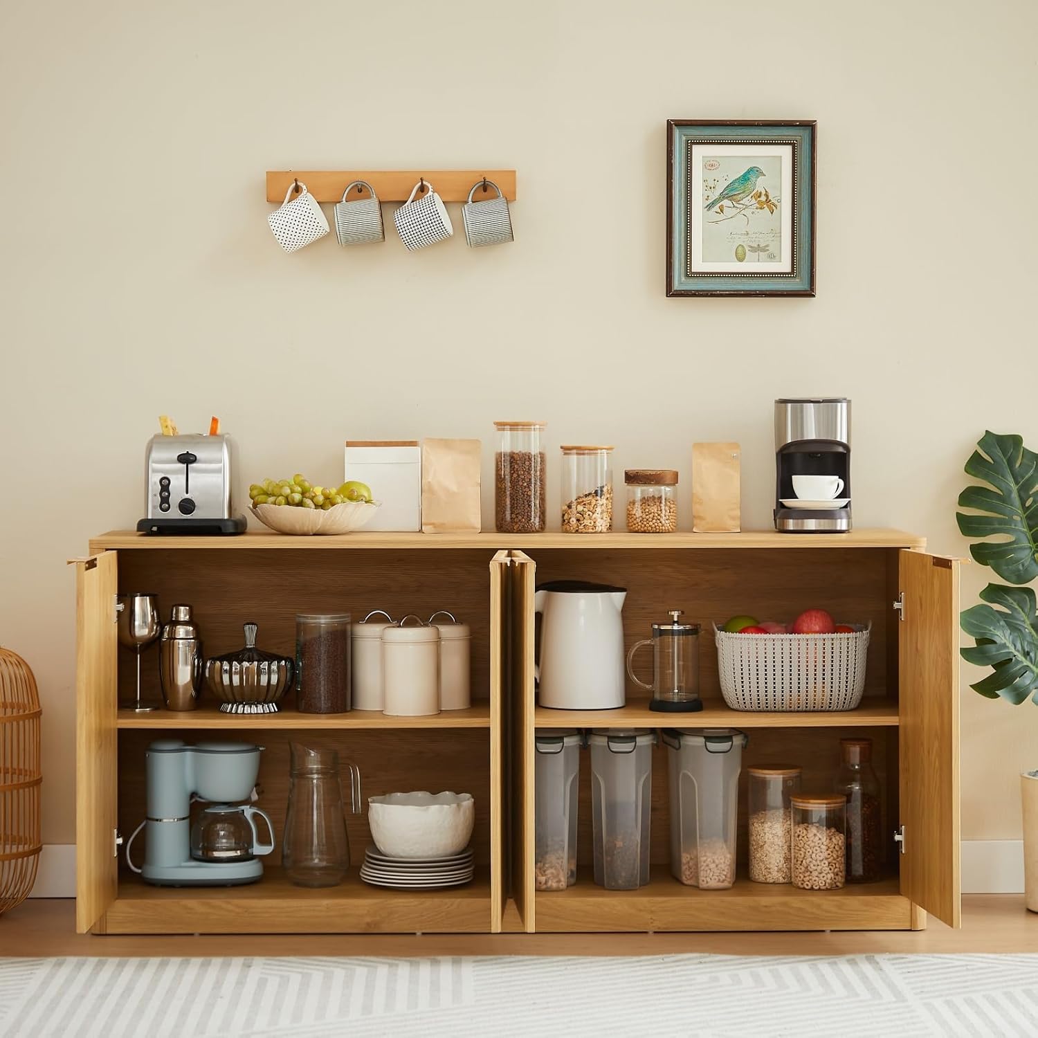 59-inch Modern Wavy Sideboard, Curved Contour Design Storage Cabinet, 4-Door Cabinet with Storage Function, Suitable for Kitchen/Bedroom/Living Room, Natural, 59.0" L x 15.7" W x 27.7" H