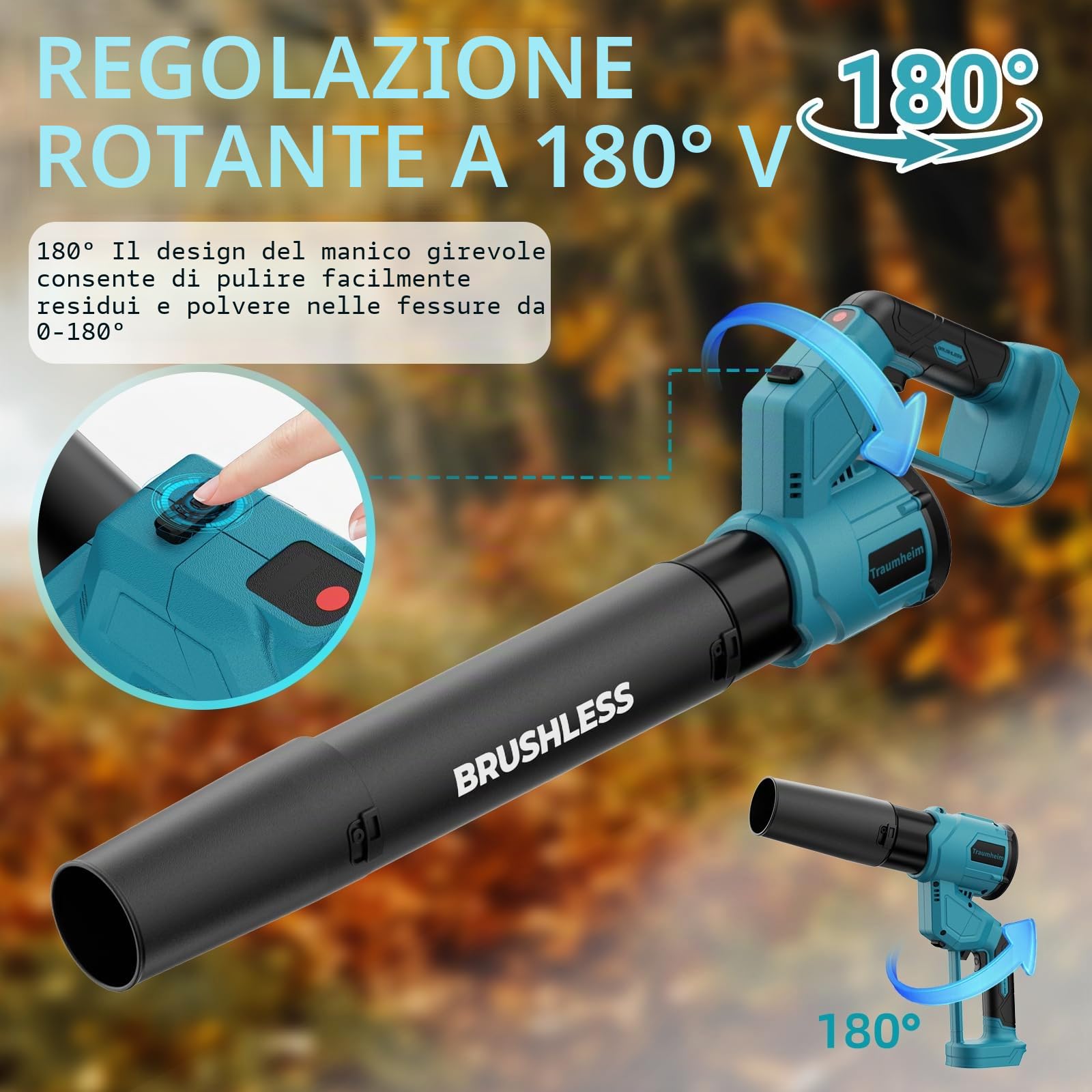 Soffiatore per foglie a batteria 2 in 1, motore brushless, 3 velocità, velocità massima 900.000 giri/min, flusso d'aria 1000 m³/h, modalità verticale e orizzontale (Batteria non inclusa)