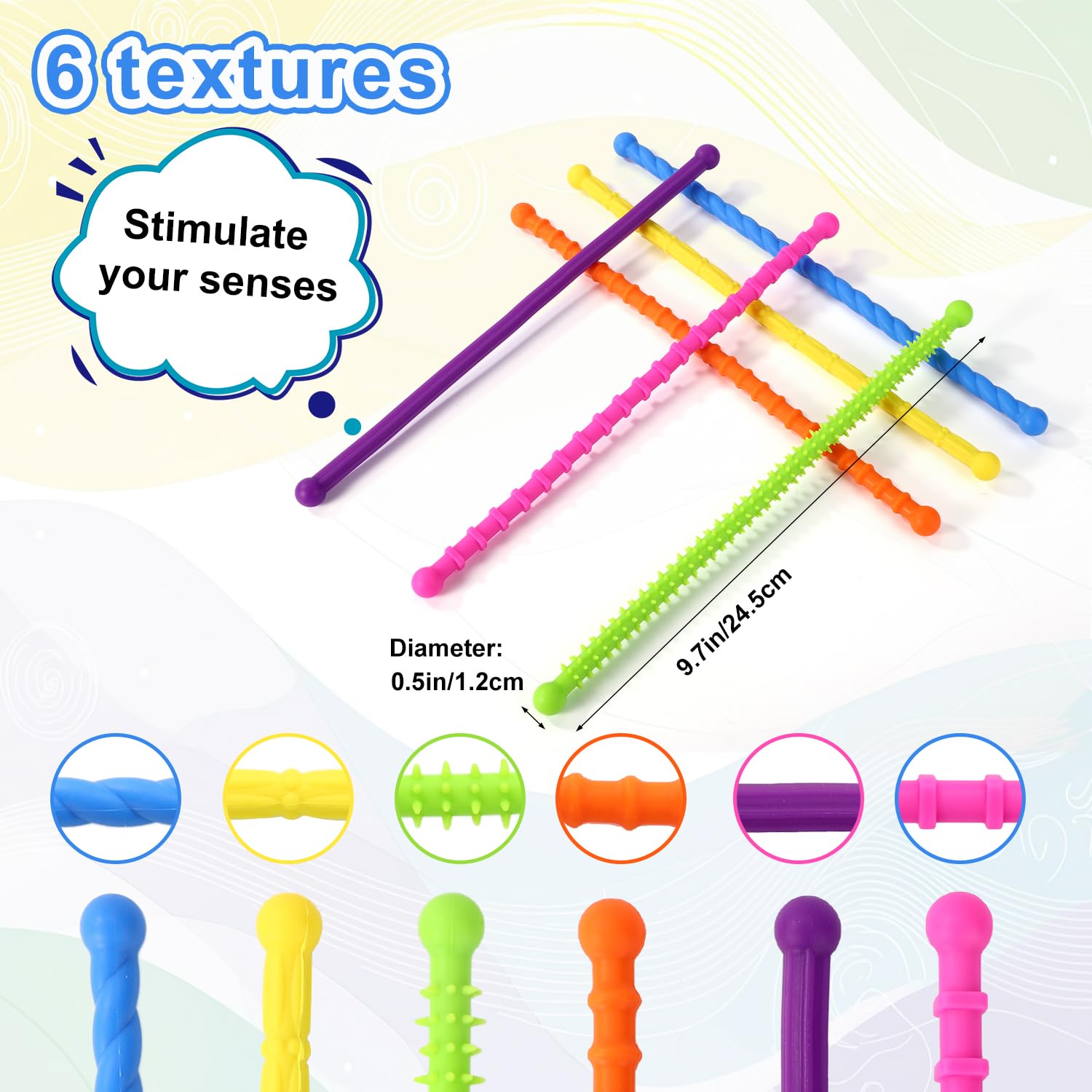 Lyreh 6pcs Textured Stretchy Sensory Fidget Toys, Colorful Quiet Sensory Noodles Fidget Stretch Toys for Autism ADHD Stress Anxiety - Image 2