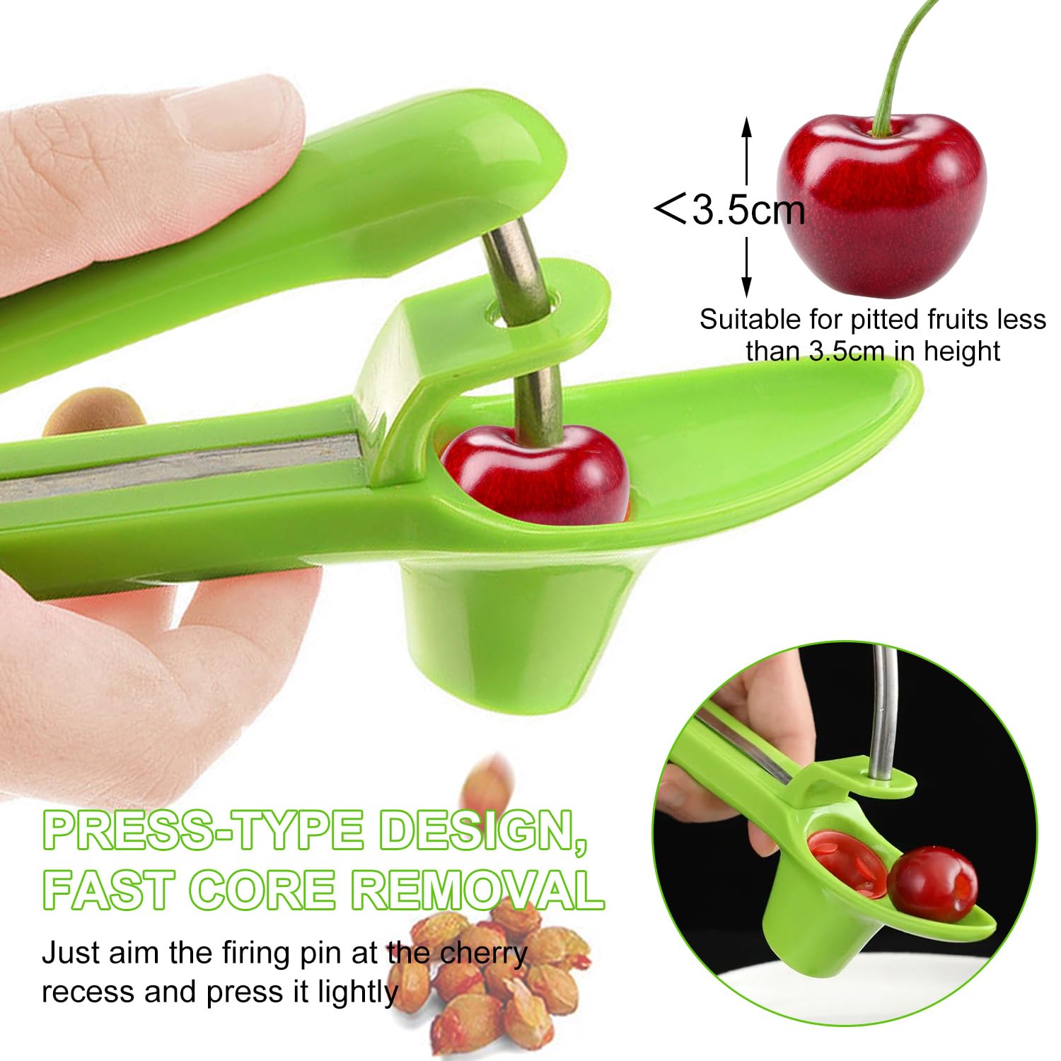 2 Unidades De Deshuesador De Cerezas, Removedor De Huesos De Cereza De Acero Inoxidable, Herramienta PortáTil Para Deshuesar Cerezas, Apto Para Frutas Y Bayas (Verde)