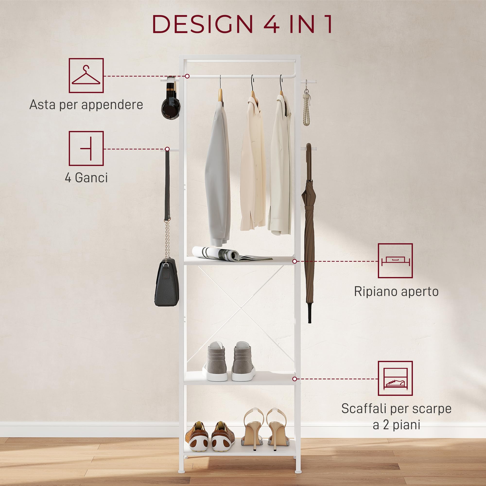 HOMCOM Appendiabiti da Ingresso con Scarpiera, Attaccapanni con Barra Appendi Abiti, 4 Ganci, Ripiano Superiore e 2 Mensole Porta Scarpe, 52x30x180 cm, Bianco
