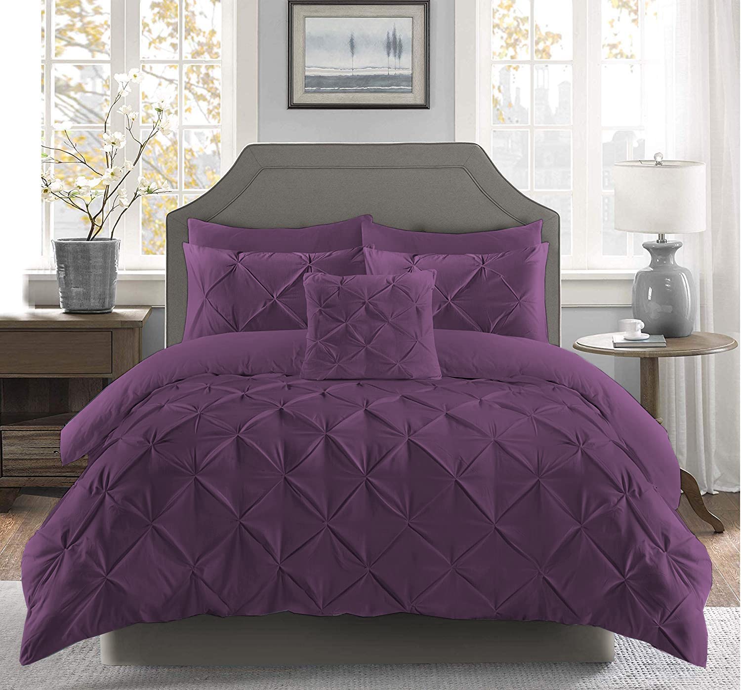 Pintuck Pinch Pleated Duvet Cover Set including Matching Pillow Cases 100% Cotton Ultra Soft Breathable Luxury Hotel Quality Quilt Bedding Cover Sets All UK Sizes (Plum
