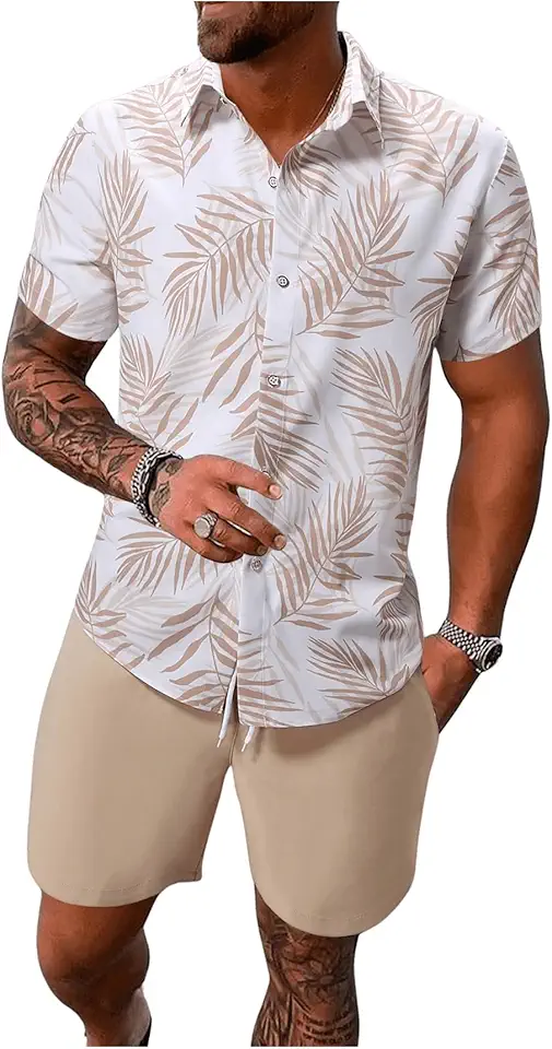 WDIRARA Men's Hawaiian Matching Set Summer Beach 2 Piece Outfits Tropical print Shirts and Shorts