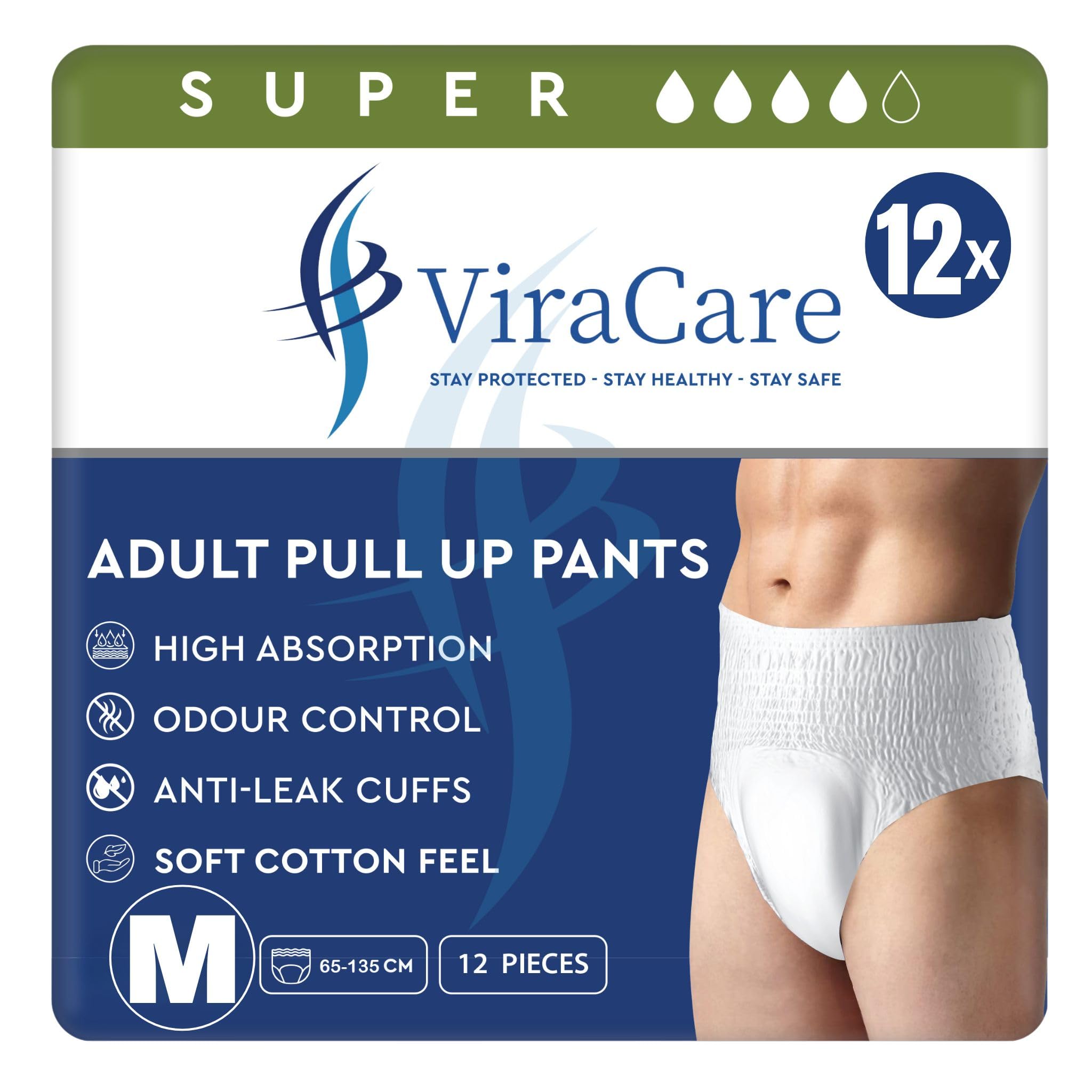 12 x ViraCare Adult Incontinence Pull Up Pants | for Unisex | Heavy Absorbent and Soft-Stretch Waistband | with Leak Stop Guards | Waist Size Medium 65-135 cm | Medium Size | (1 Pack of 12)