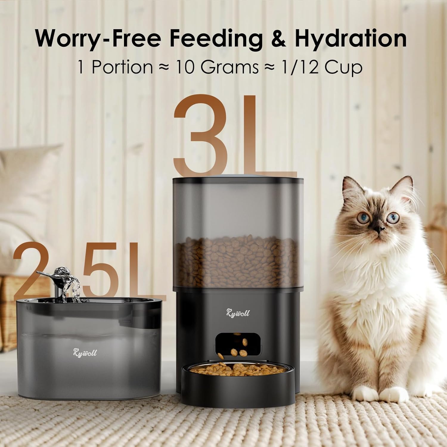 Automatic Cat Feeder and Water Fountain, Rywell 3L WiFi Timed Pet Food Dispenser and 2.5L Water Dispenser with APP for Cats and Dogs, Voice Recorder, Stainless Steel Bowl, Low Noise, Dual Power Supply - image 6