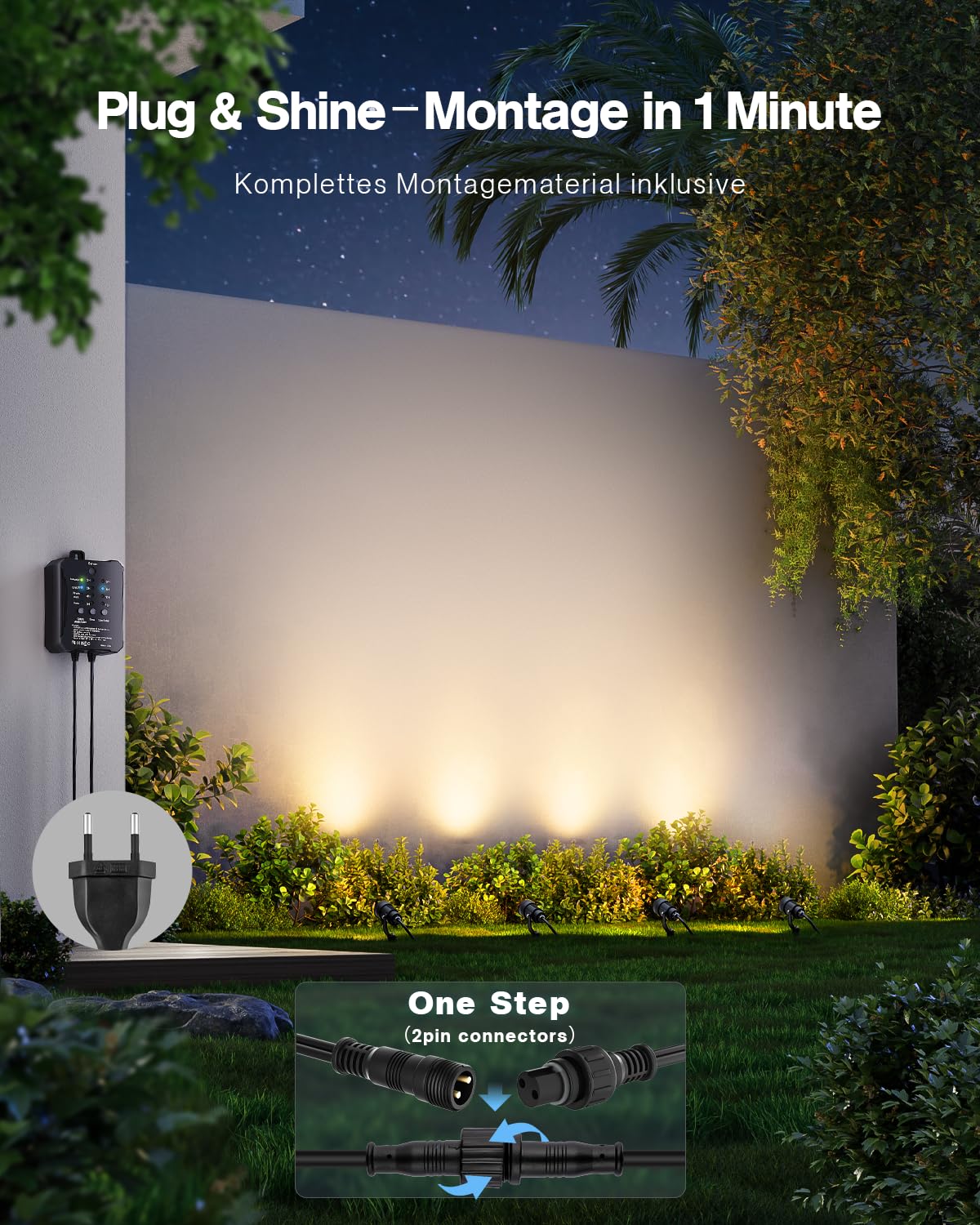 HIBOITEC 5W Dimmbar Gartenbeleuchtung 4er Set, Dämmerungssensor & Timer, 250LM 2700K Warmweiß Gartenstrahler mit 40W Transformator, IP65 Wasserdicht Gartenlampen für Draußen, Bäume